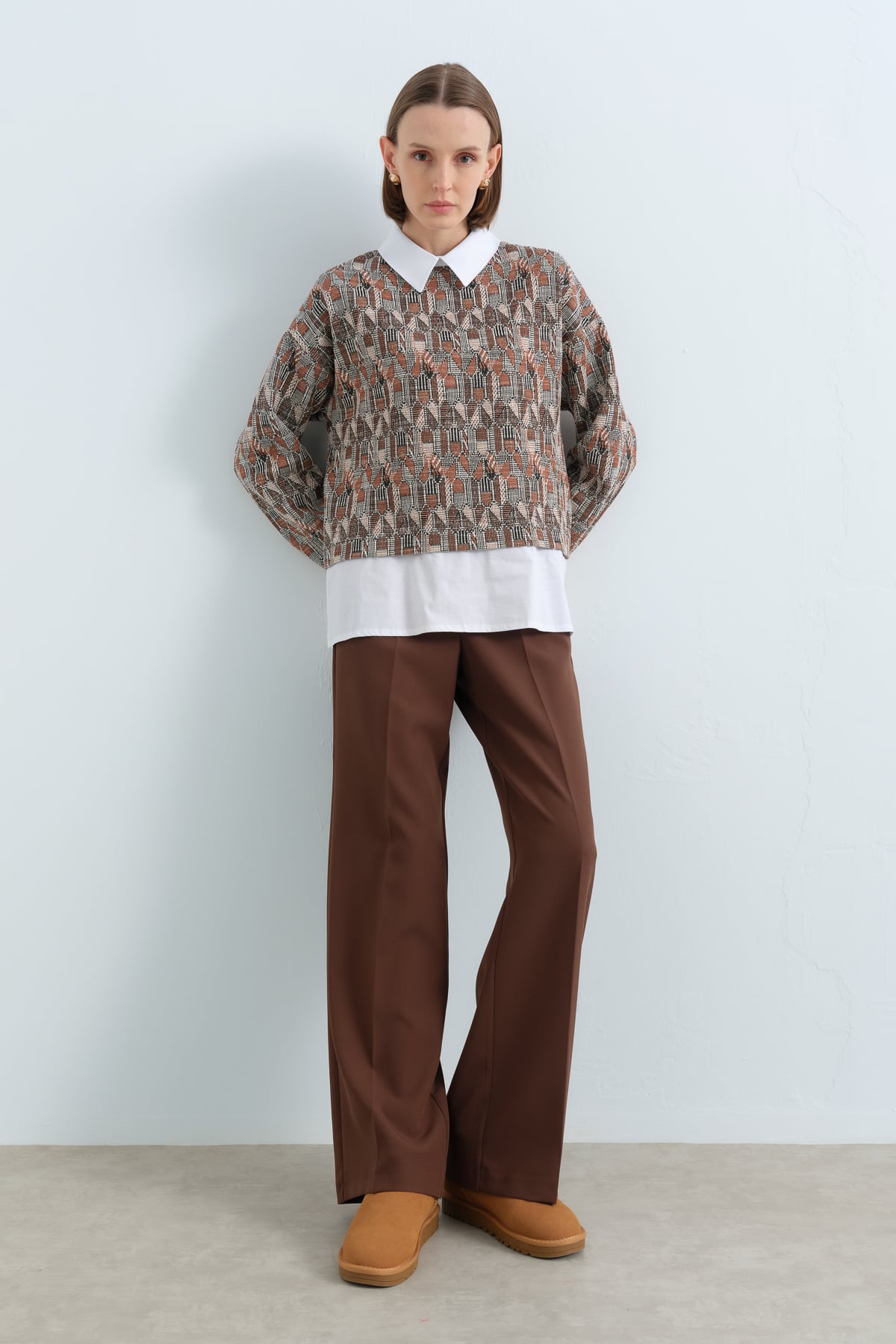 NİHAN Sweat Nihan Gömlek Görünümlü Örme Sweat  Açık Kahve_modest