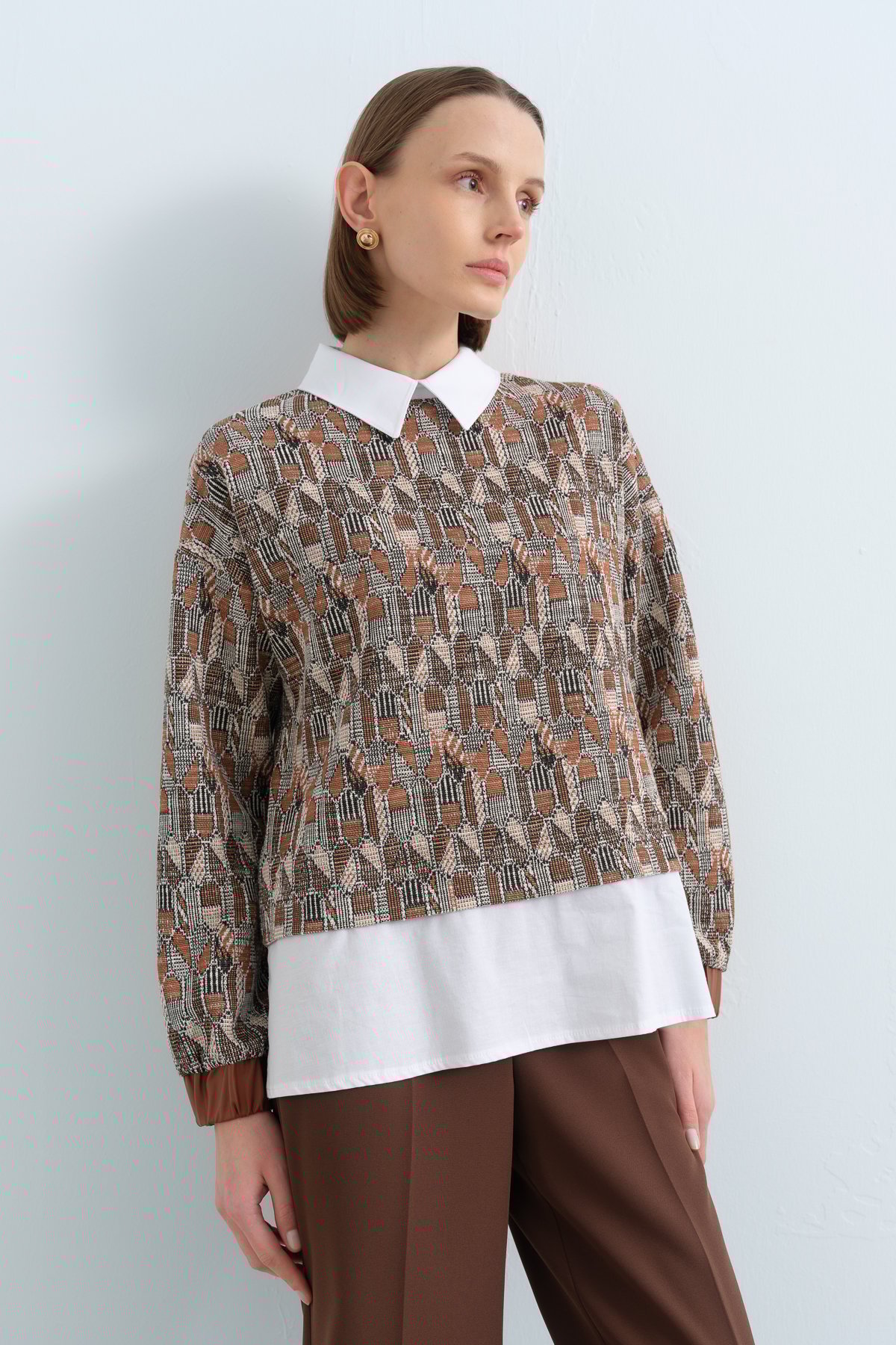 NİHAN Sweat Nihan Gömlek Görünümlü Örme Sweat  Açık Kahve_modest