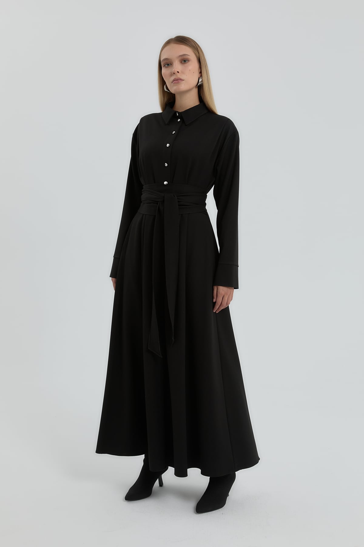 NİHAN Elbise Nihan Gömlek Yaka Elbise  Siyah_modest