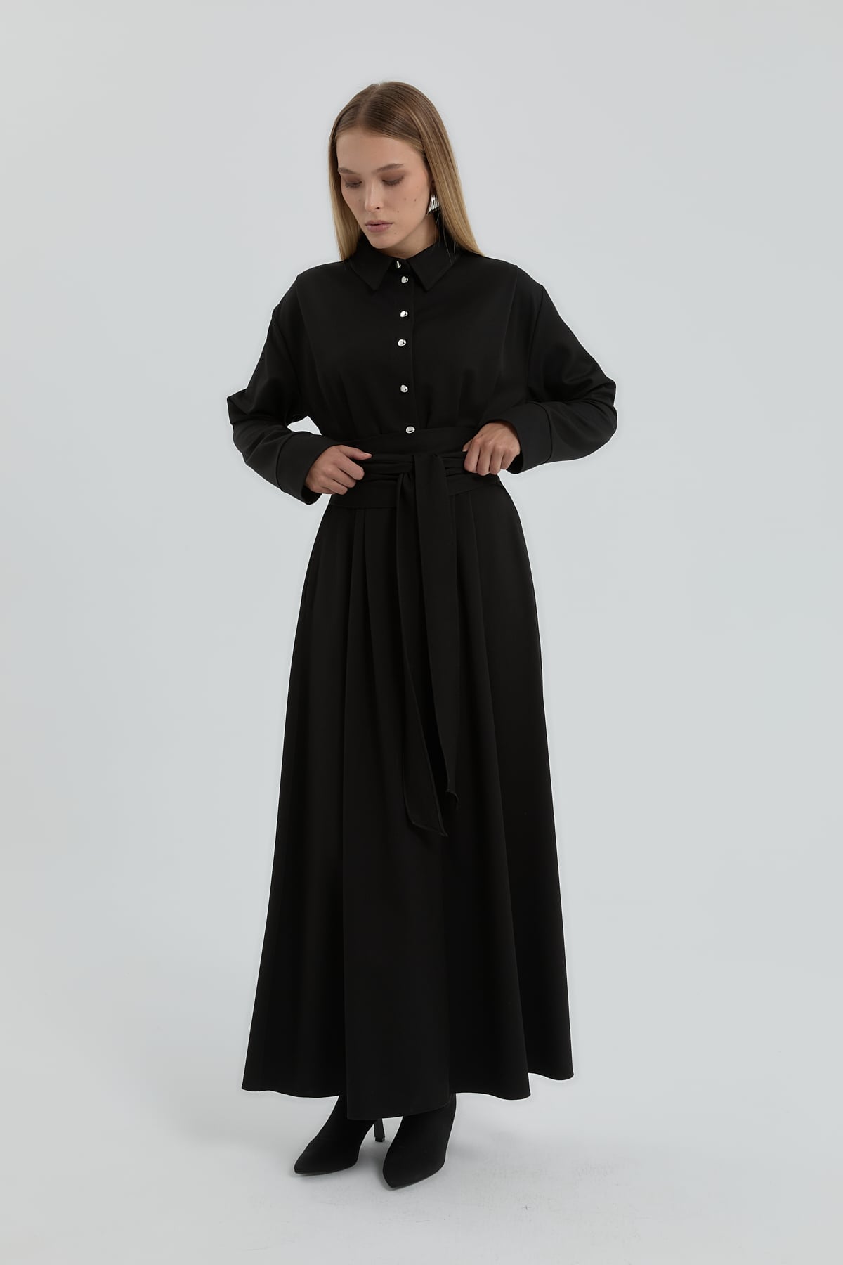 NİHAN Elbise Nihan Gömlek Yaka Elbise  Siyah_modest