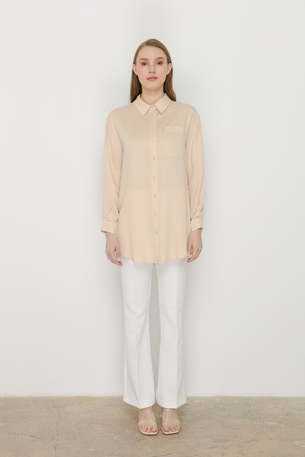 NİHAN Tunic Nihan Gömlek Yaka Tencel Basic Tunik  Bej_modest