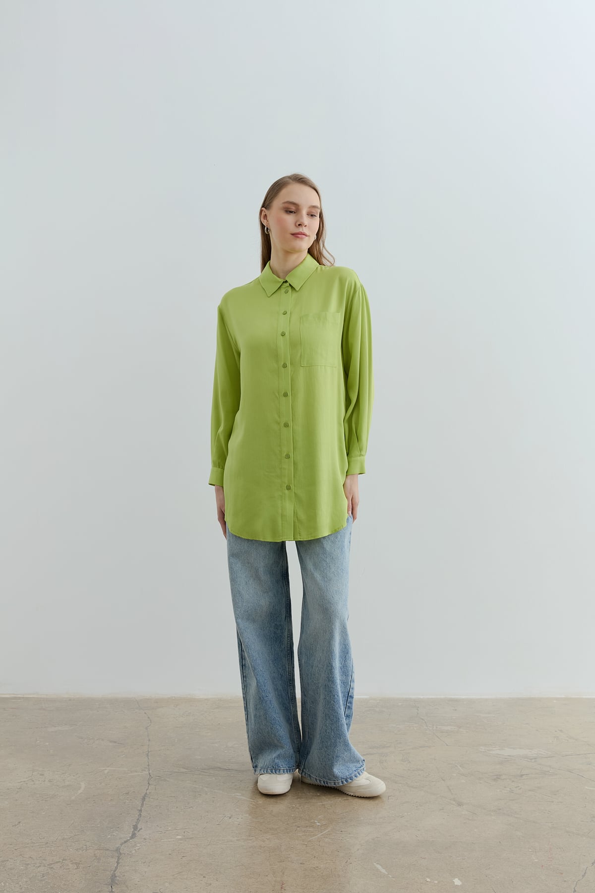 NİHAN Tunic Nihan Gömlek Yaka Tencel Basic Tunik  Fıstık Yeşili_modest