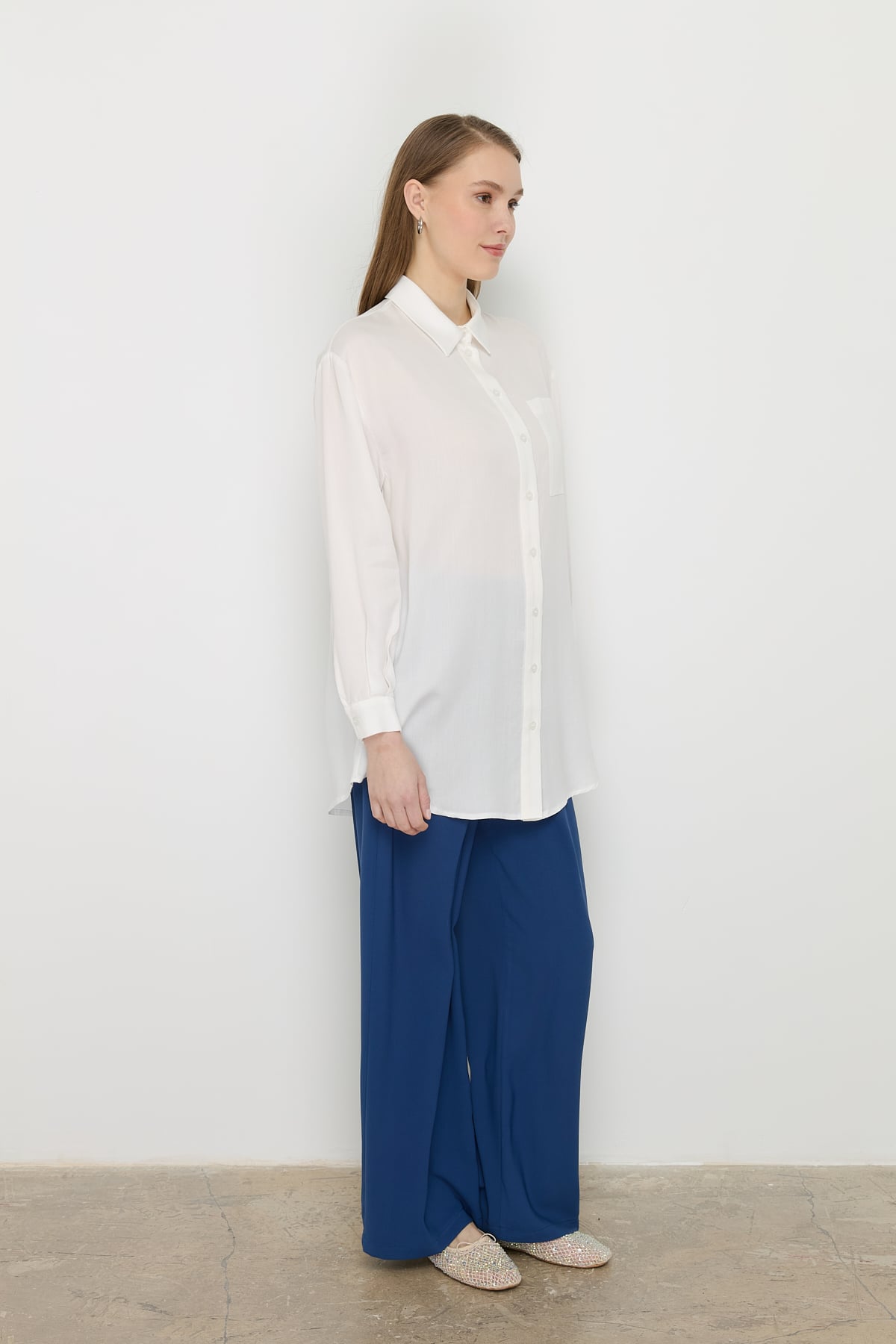 NİHAN Tunik Nihan Gömlek Yaka Tencel Basic Tunik  Ekru_modest