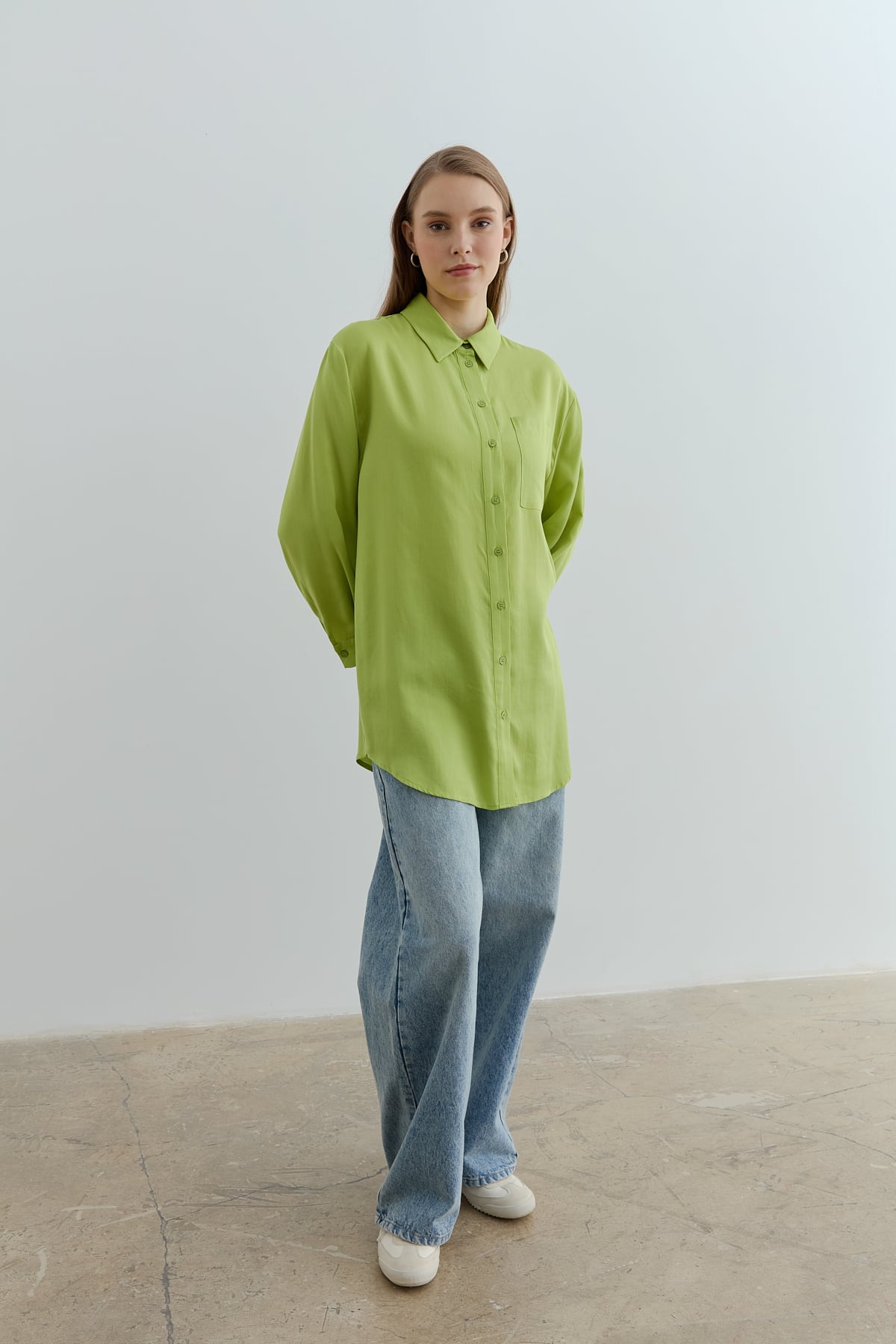 NİHAN Tunic Nihan Gömlek Yaka Tencel Basic Tunik  Fıstık Yeşili_modest