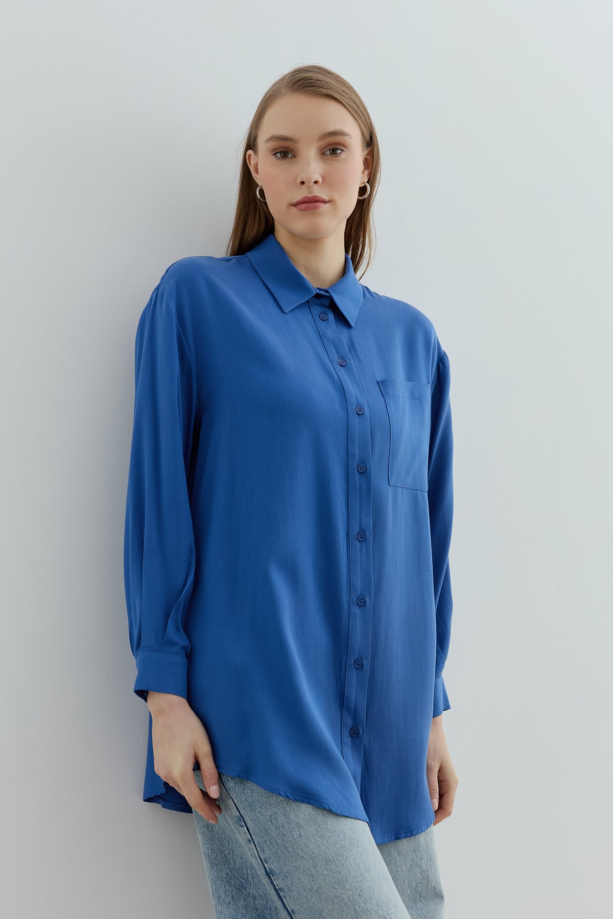 NİHAN Tunic Nihan Gömlek Yaka Tencel Basic Tunik  İndigo_modest