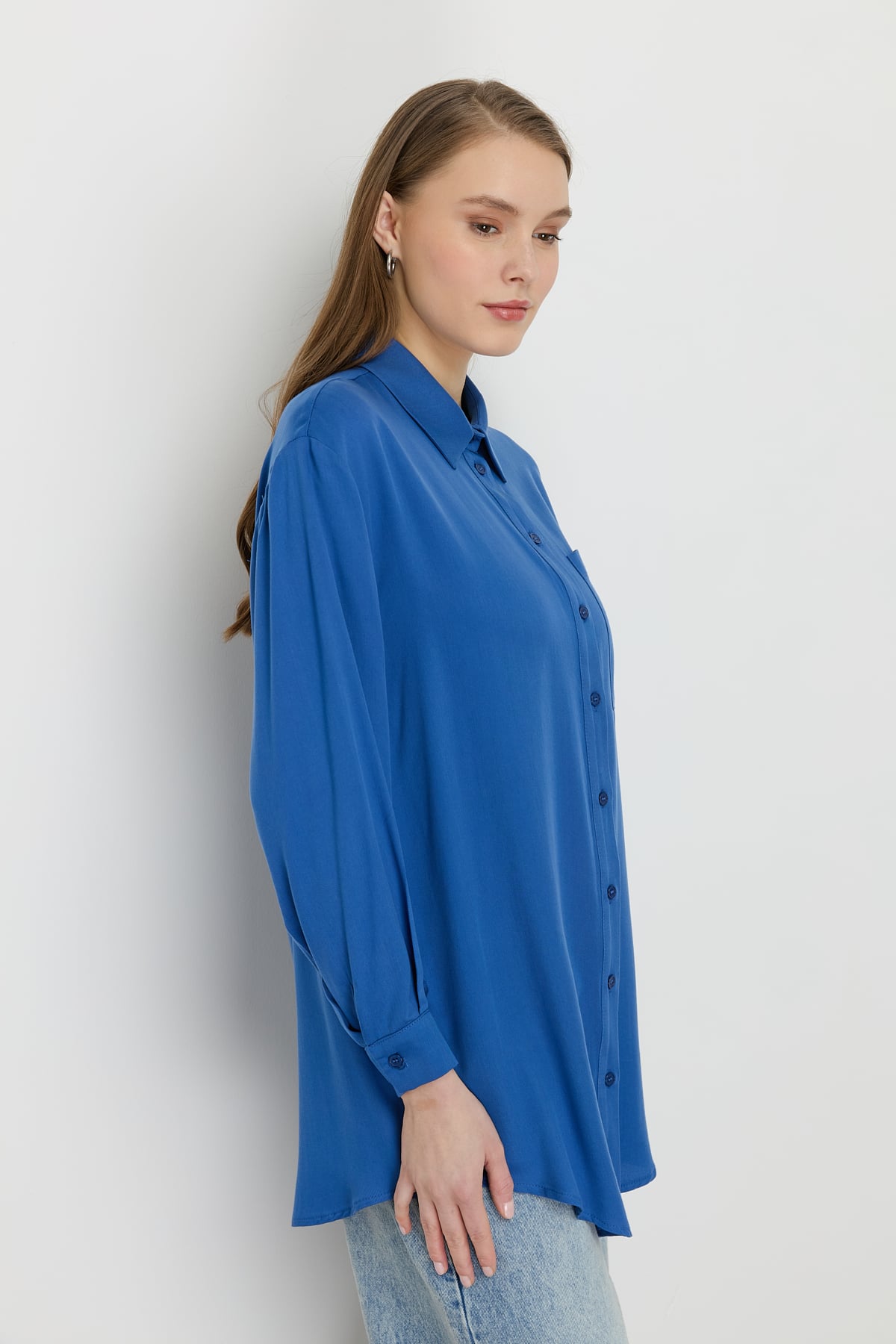 NİHAN Tunic Nihan Gömlek Yaka Tencel Basic Tunik  İndigo_modest