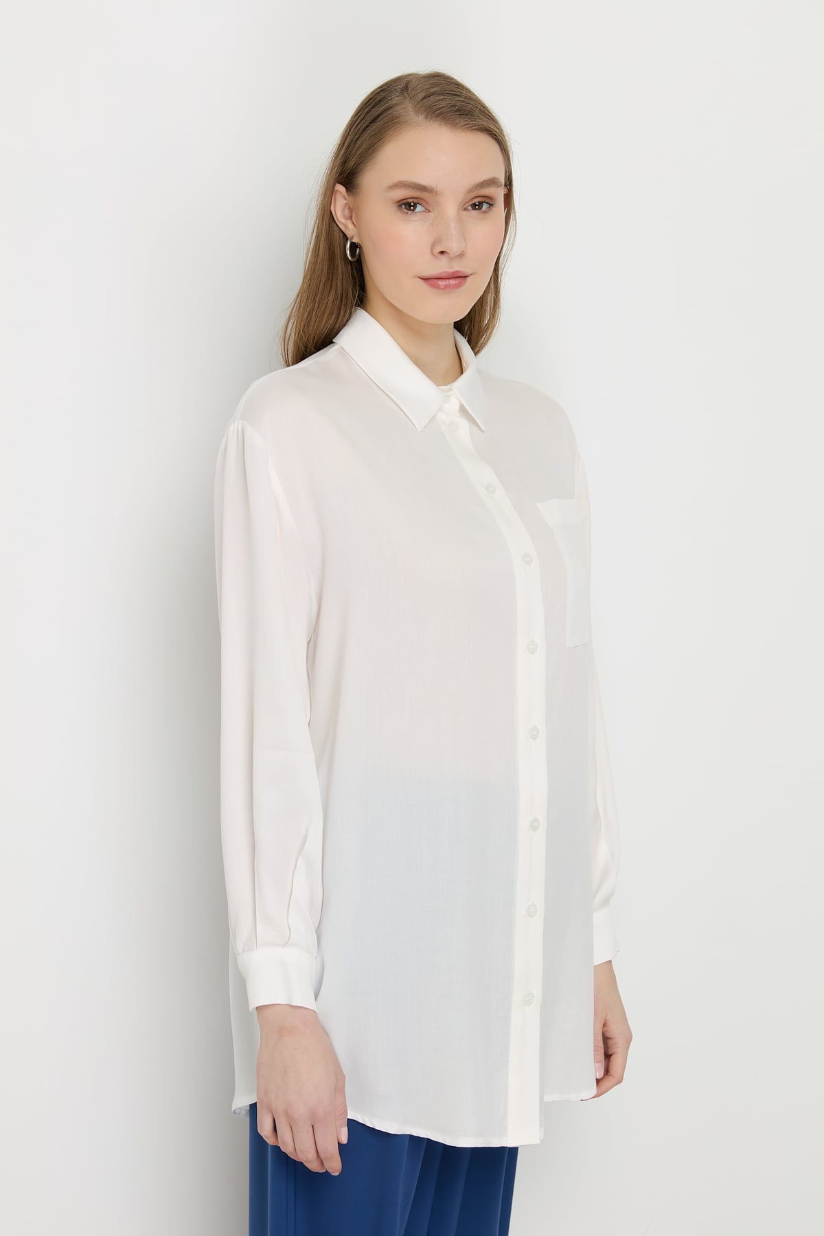 NİHAN Tunik Nihan Gömlek Yaka Tencel Basic Tunik  Ekru_modest