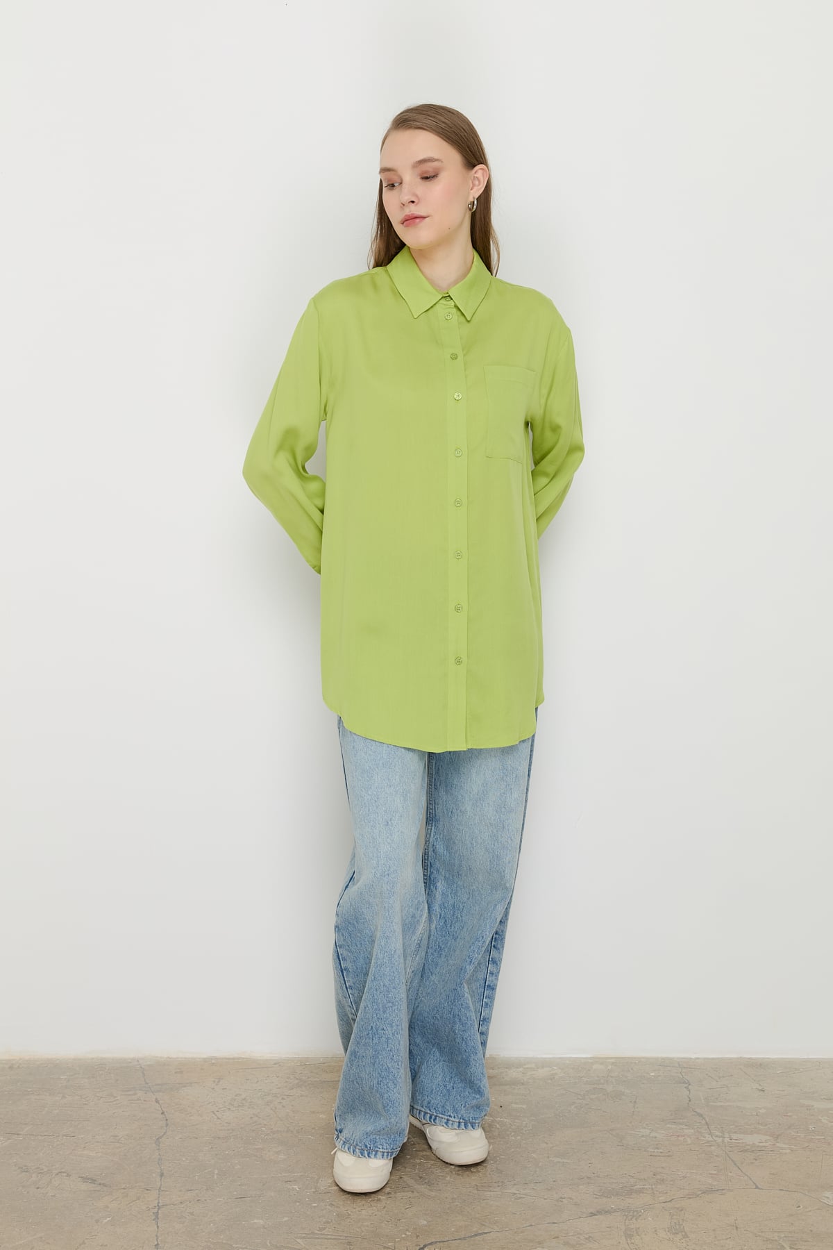NİHAN Tunic Nihan Gömlek Yaka Tencel Basic Tunik  Fıstık Yeşili_modest