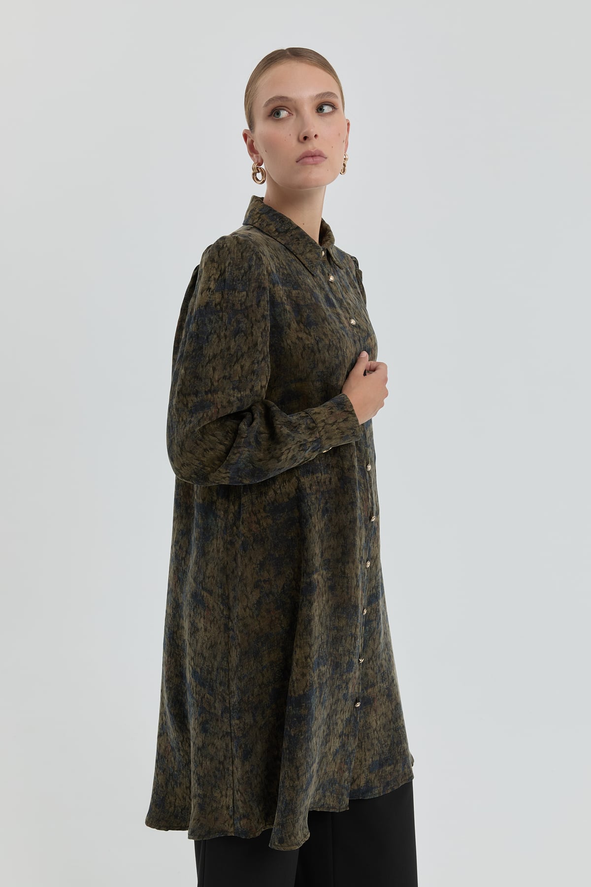NİHAN Tunic Nihan Gömlek Yaka Uzun Cupra Tunik  Haki_modest