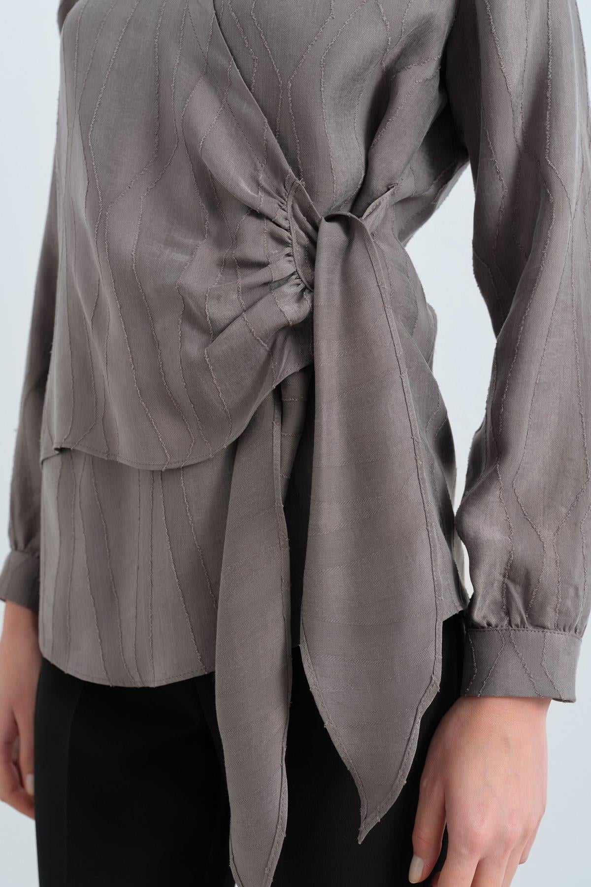 NİHAN Blouse Nihan Gömlek Yakalı Anvelop Bluz  Gri_modest