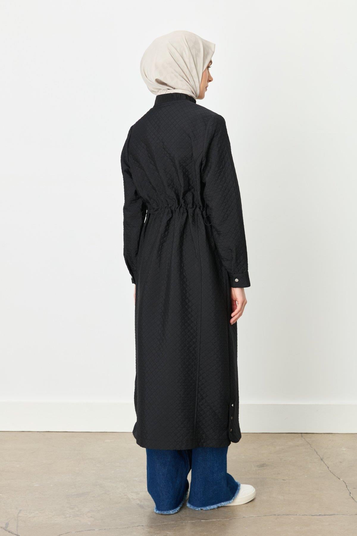 NİHAN Trench Coat Nihan İnce Kapitone Beli Büzgülü Kap  Siyah_modest