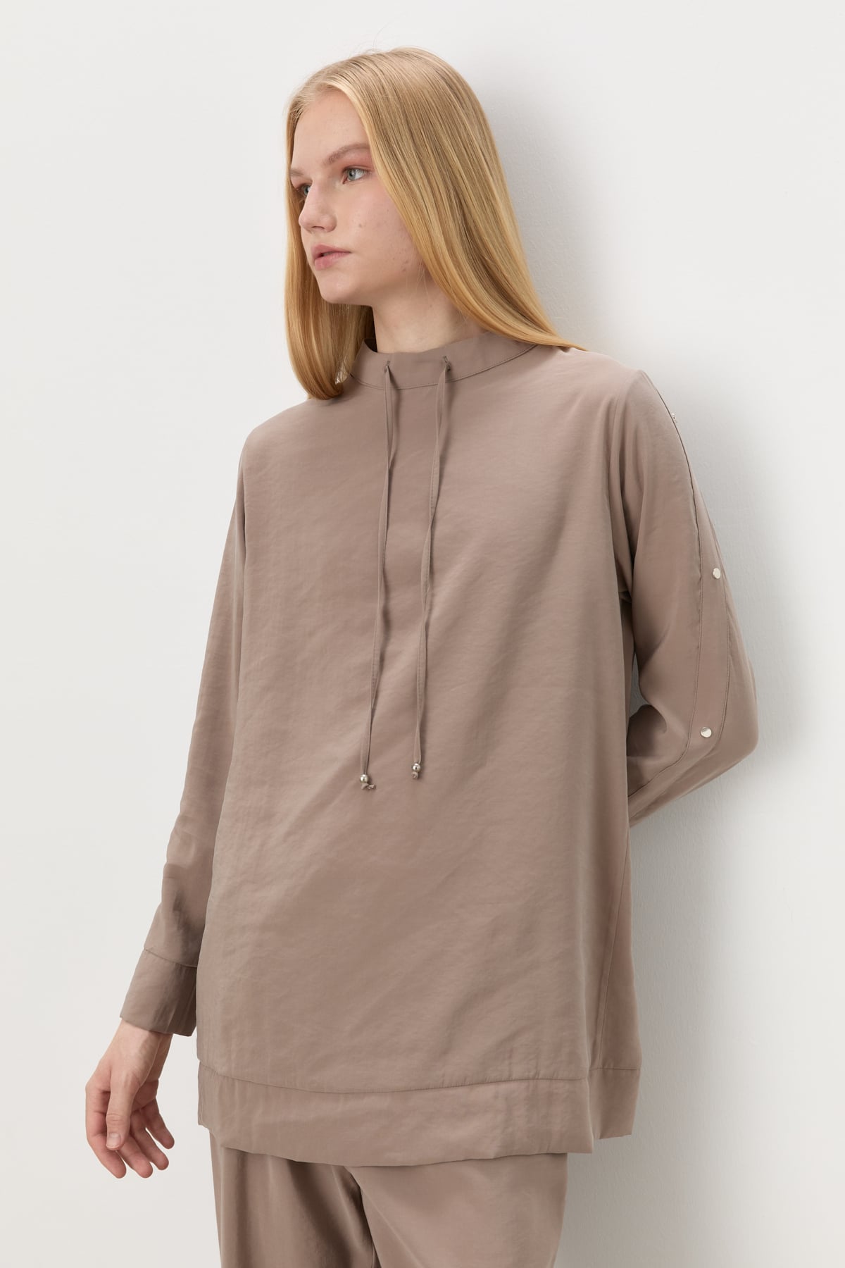 NİHAN Takım Nihan Kol Detaylı Pantolon Tunik Modal Takım  Vizon_modest