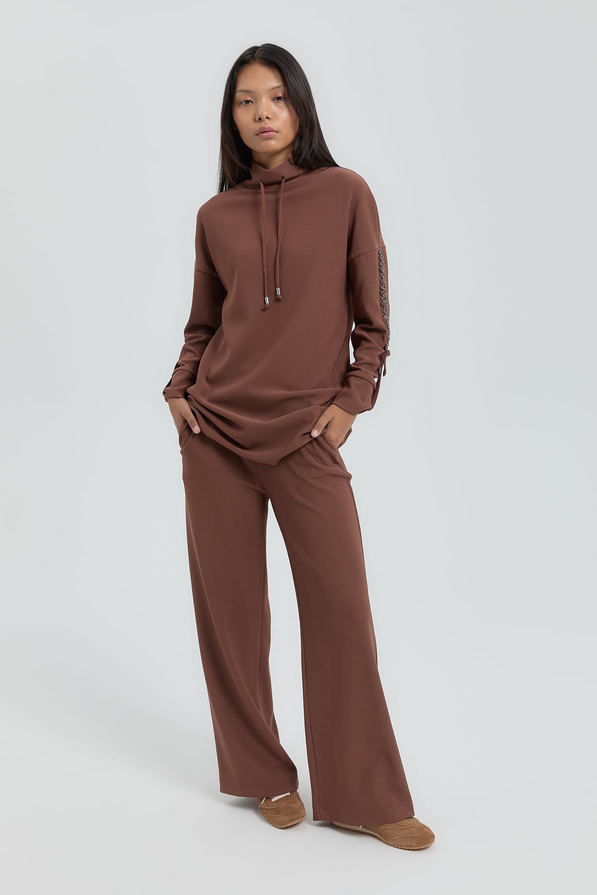 NİHAN Suits Nihan Kolları Taşlı Örme Pantolon Tunik Takım  Kahve_modest