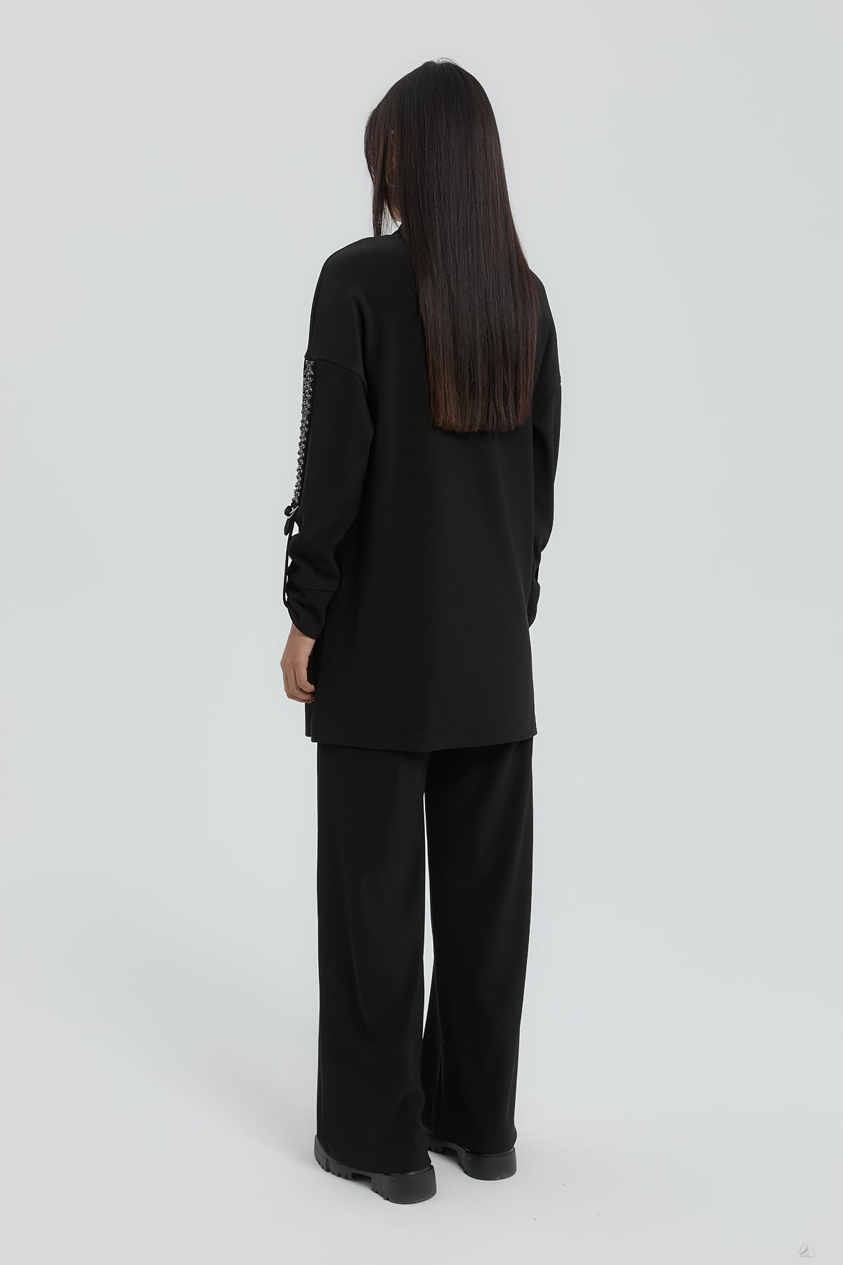 NİHAN Suits Nihan Kolları Taşlı Örme Pantolon Tunik Takım  Siyah_modest