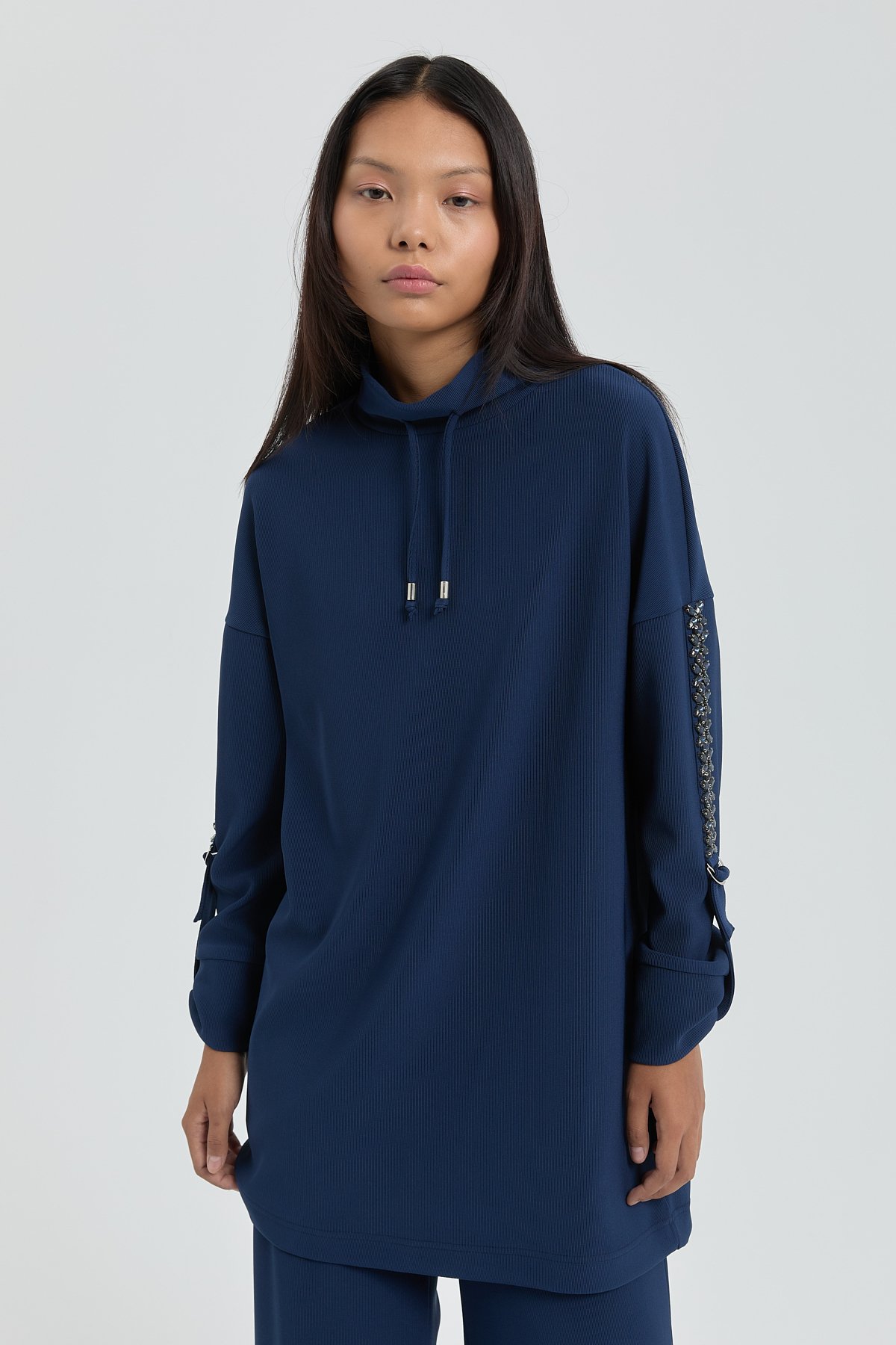 NİHAN Takım Nihan Kolları Taşlı Örme Pantolon Tunik Takım  Lacivert_modest