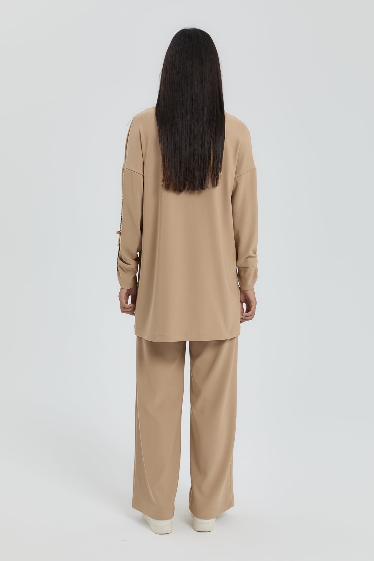NİHAN Takım Nihan Kolları Taşlı Örme Pantolon Tunik Takım  Camel_modest