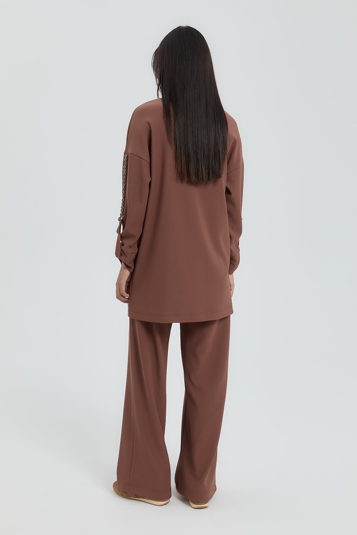 NİHAN Suits Nihan Kolları Taşlı Örme Pantolon Tunik Takım  Kahve_modest
