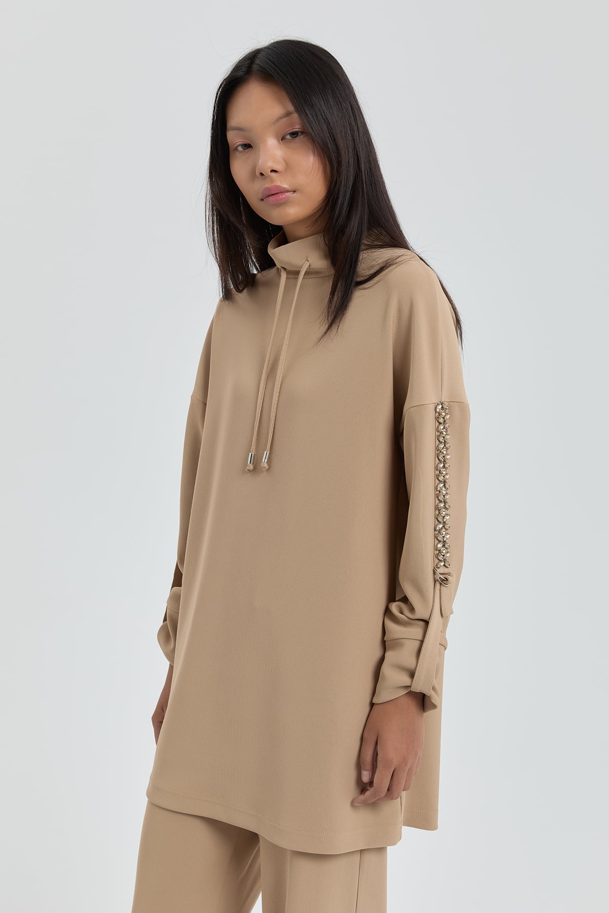 NİHAN Takım Nihan Kolları Taşlı Örme Pantolon Tunik Takım  Camel_modest