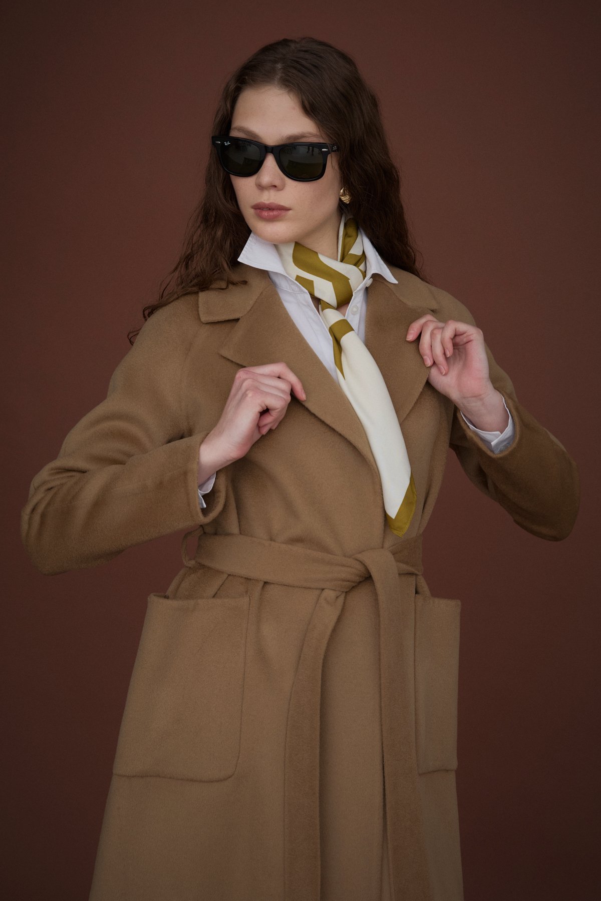 NİHAN Coat Nihan Kuşaklı Torba Cepli Kaşmir Kaban  Vizon_modest