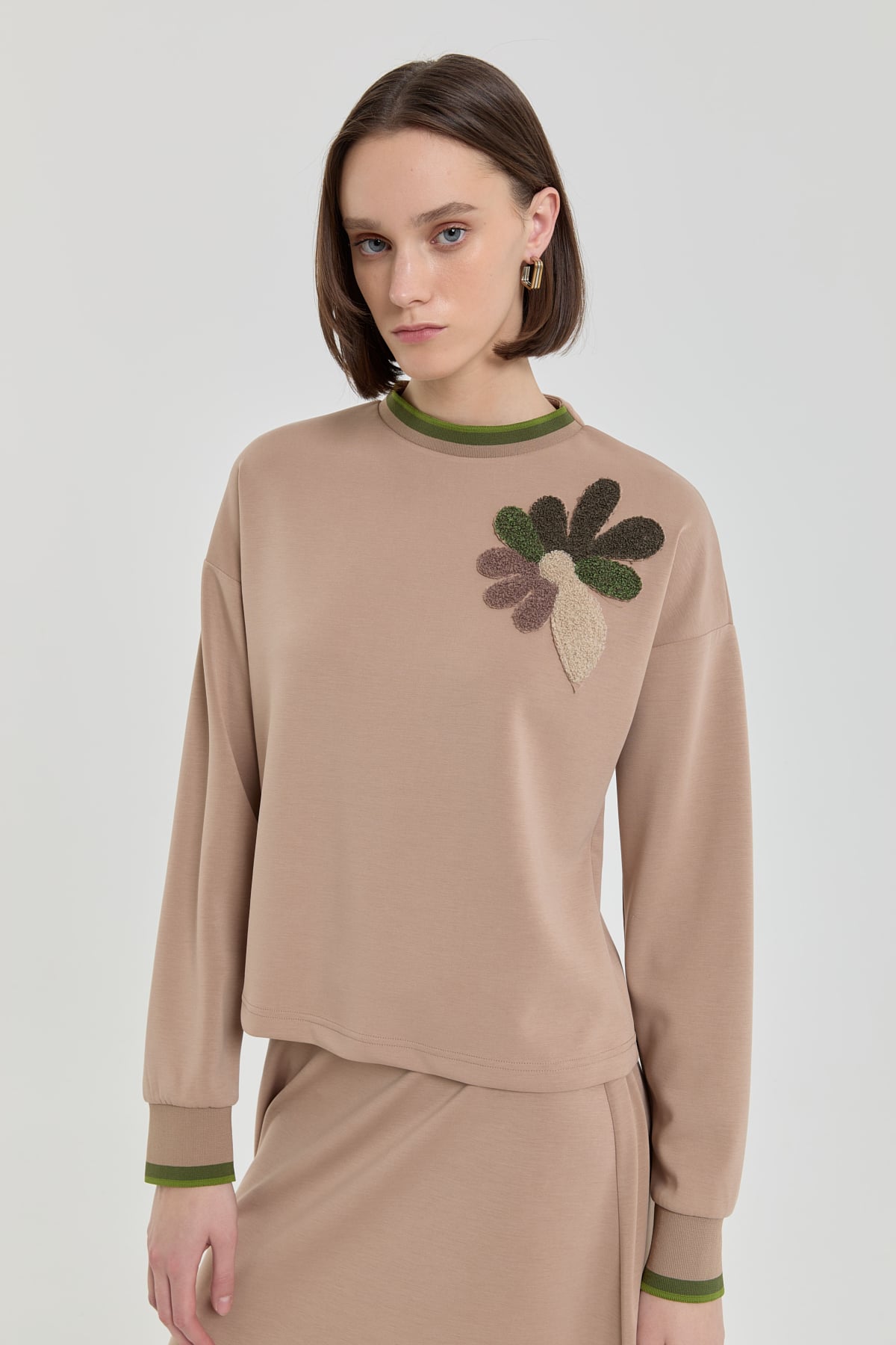 NİHAN Takım Nihan Nakış Detaylı Örme Etek Bluz Takım  Camel_modest