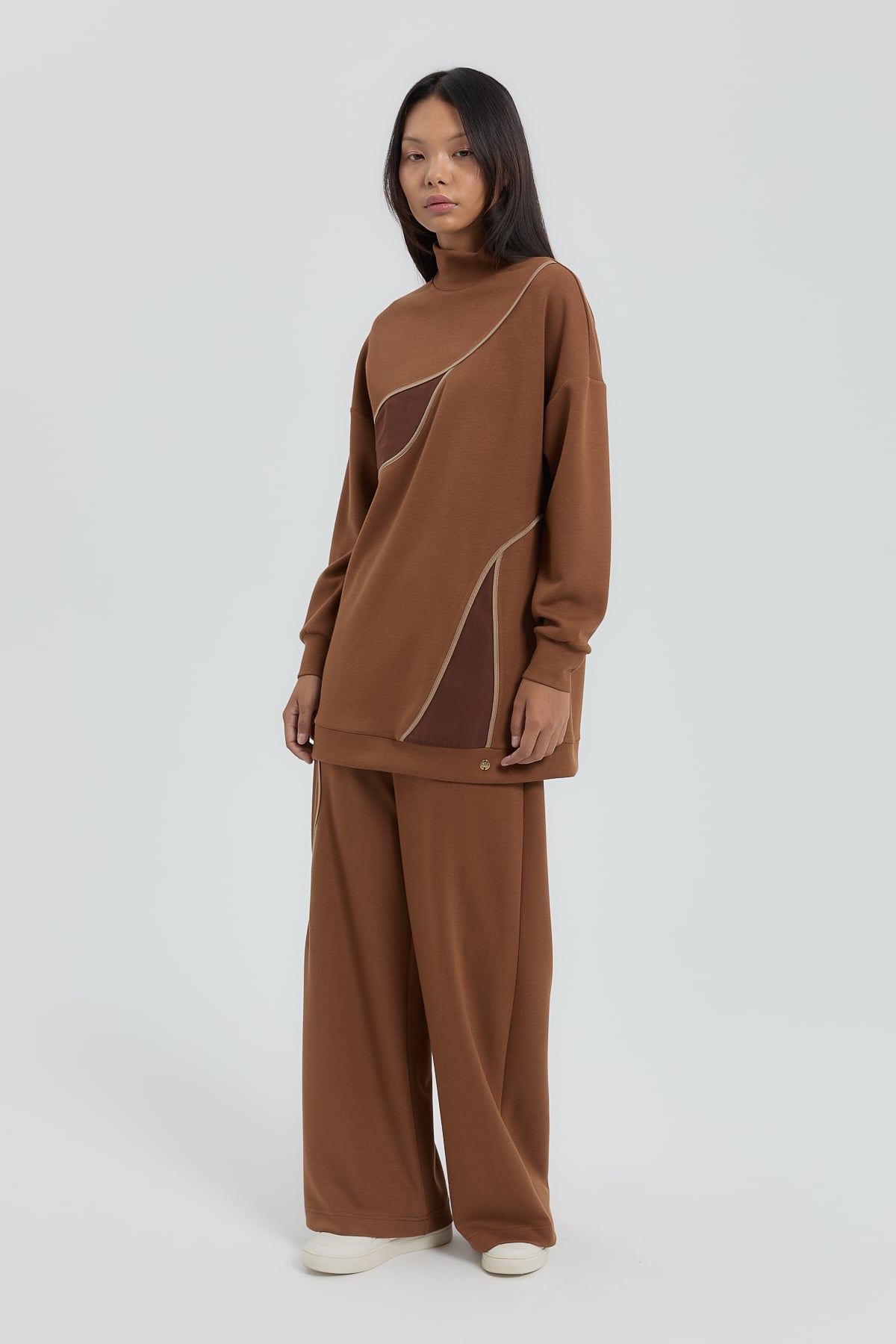 NİHAN Takım Nihan Örme Garnili Pantolon Tunik Takım  Açık Kahve_modest