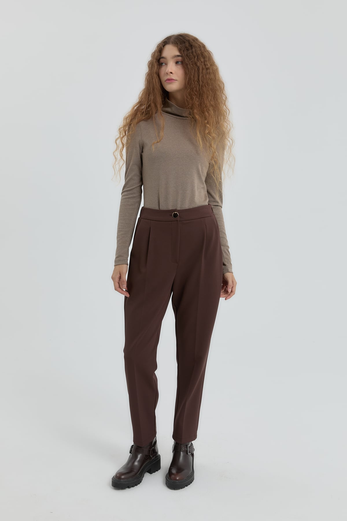 NİHAN Pants Nihan Örme Havuç Pantolon  Kahve_modest
