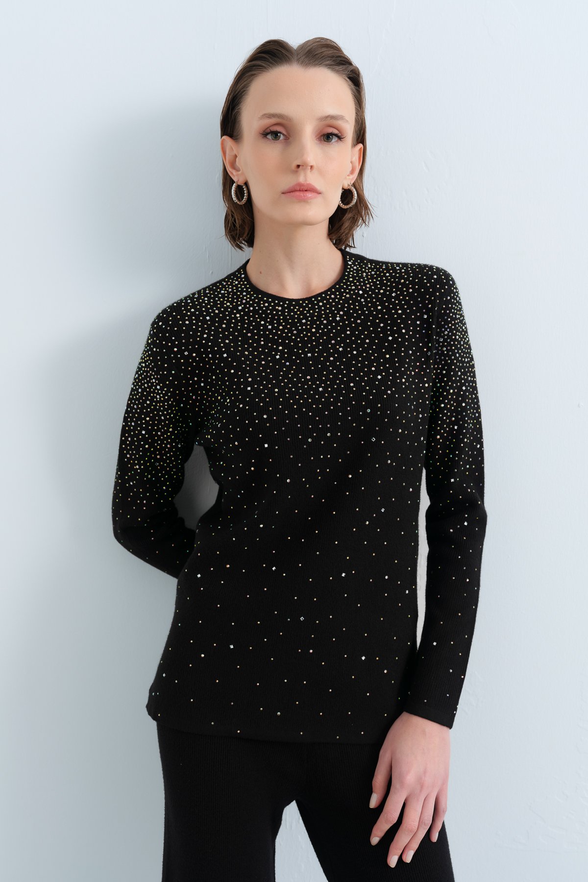 NİHAN Suits Nihan Parlak Taş Baskılı Triko Pantolon Tunik Takım  Siyah_modest