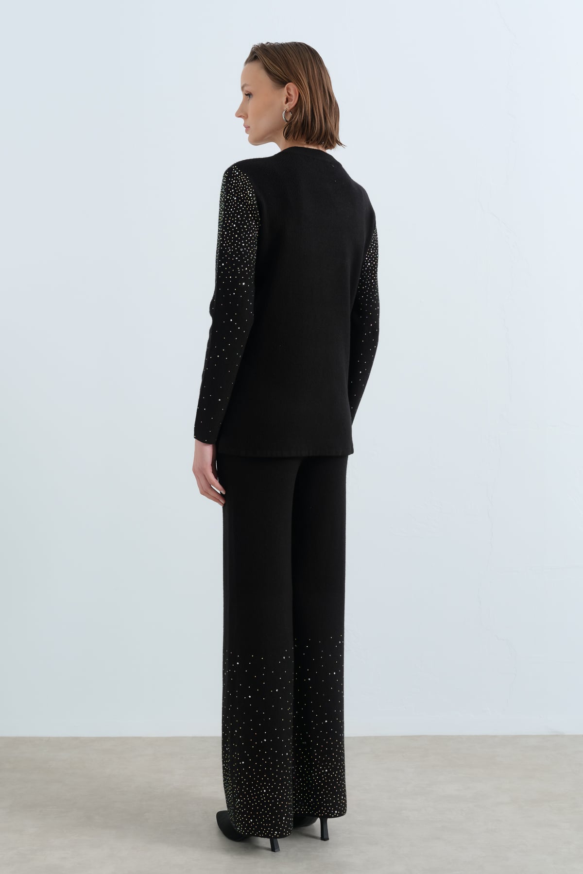 NİHAN Suits Nihan Parlak Taş Baskılı Triko Pantolon Tunik Takım  Siyah_modest