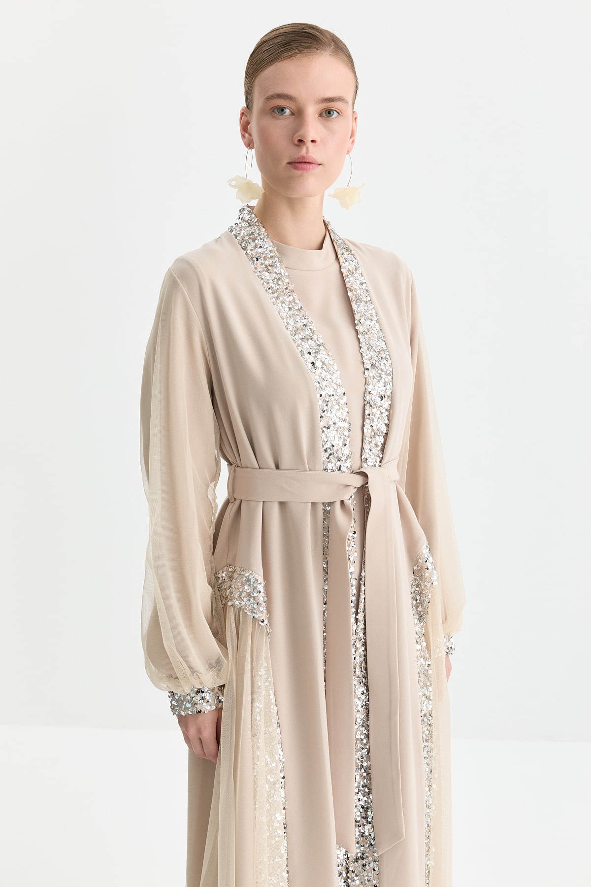 NİHAN Abaya Nihan Payet Detaylı Elbiseli Abaya Takım  Bej_modest
