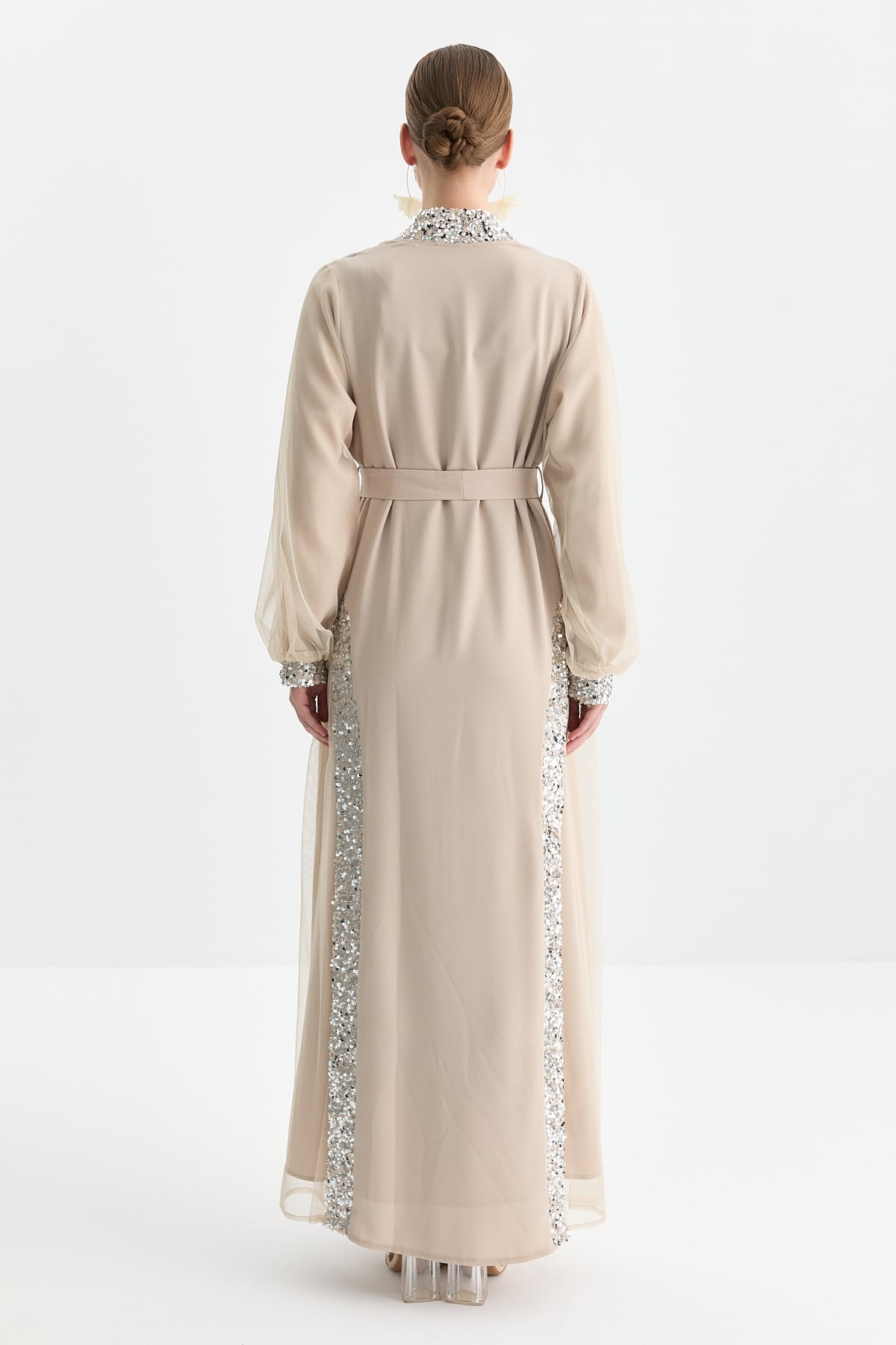 NİHAN Abaya Nihan Payet Detaylı Elbiseli Abaya Takım  Bej_modest