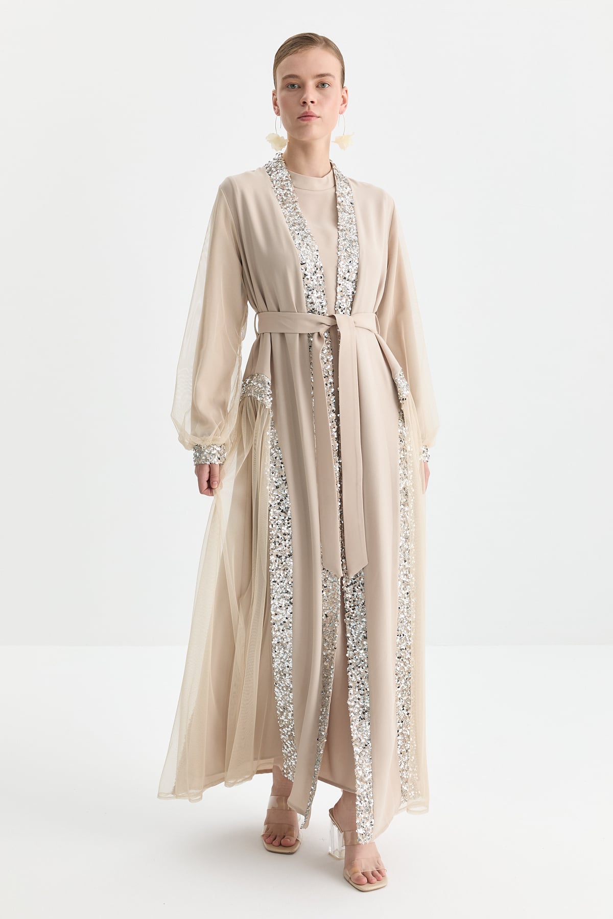 NİHAN Abaya Nihan Payet Detaylı Elbiseli Abaya Takım  Bej_modest