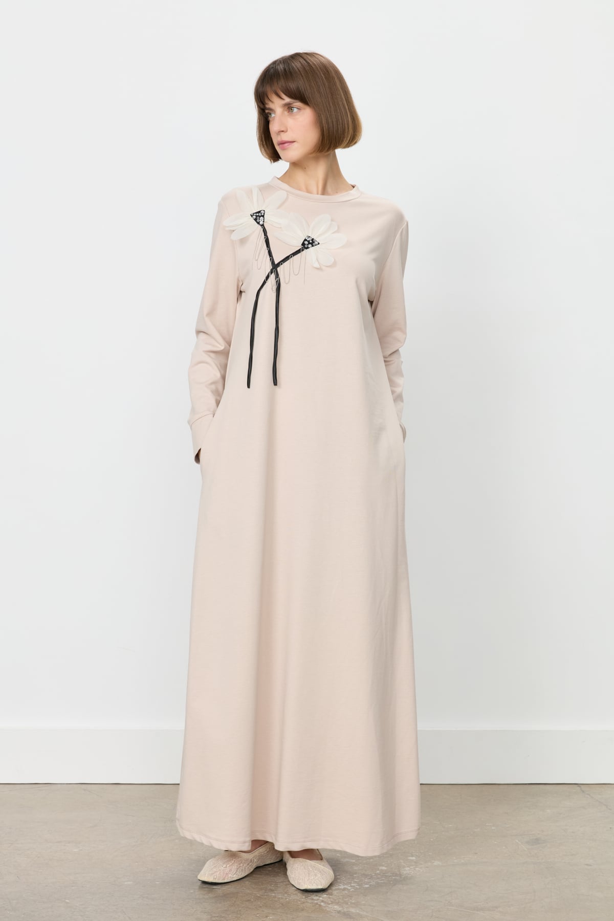 NİHAN Dress Nihan Şifon ve Çiçek Detaylı Elbise  Taş_modest