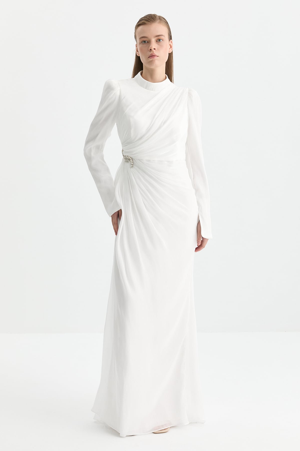 NİHAN Dress Nihan Taş Aksesuarlı Drapeli Abiye  Beyaz_modest