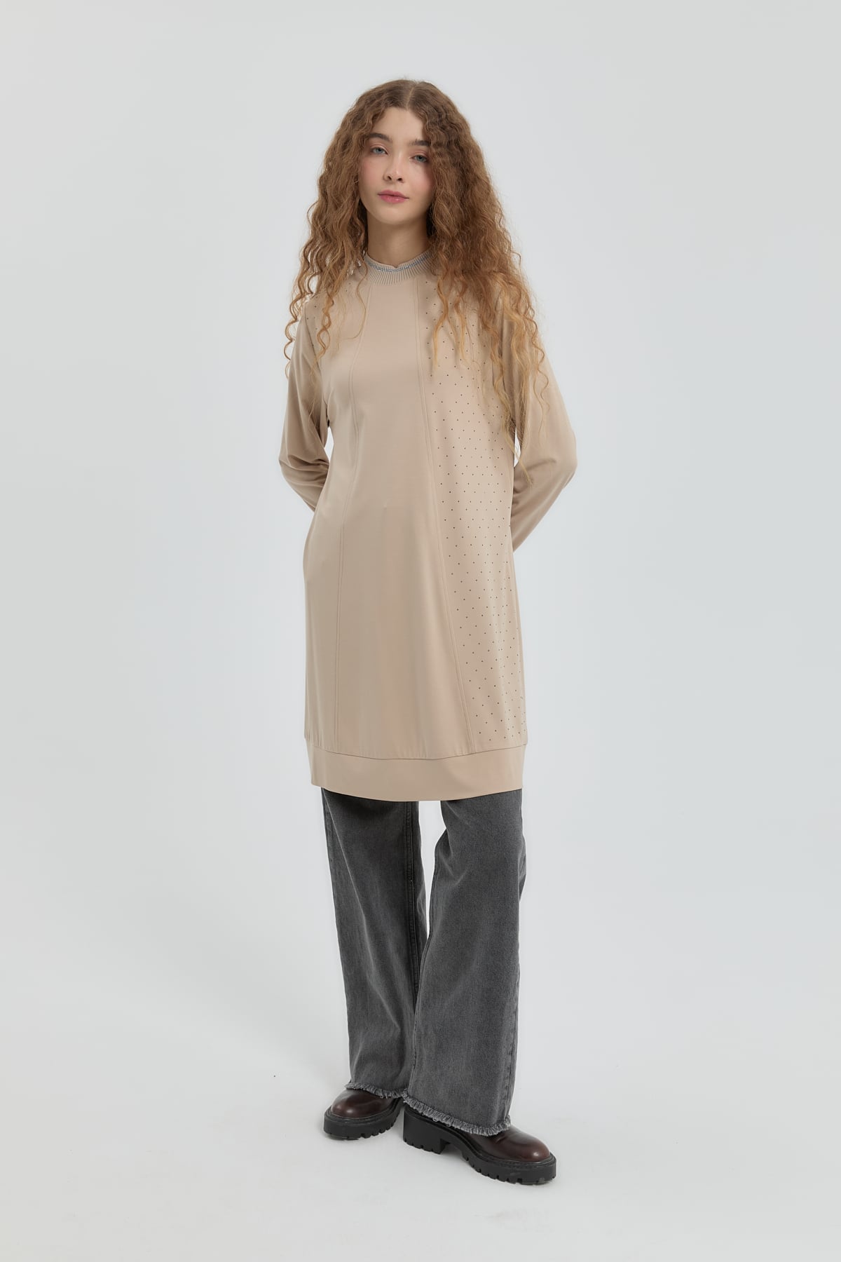 NİHAN Tunic Nihan Taş Detaylı Örme Tunik  Bej_modest