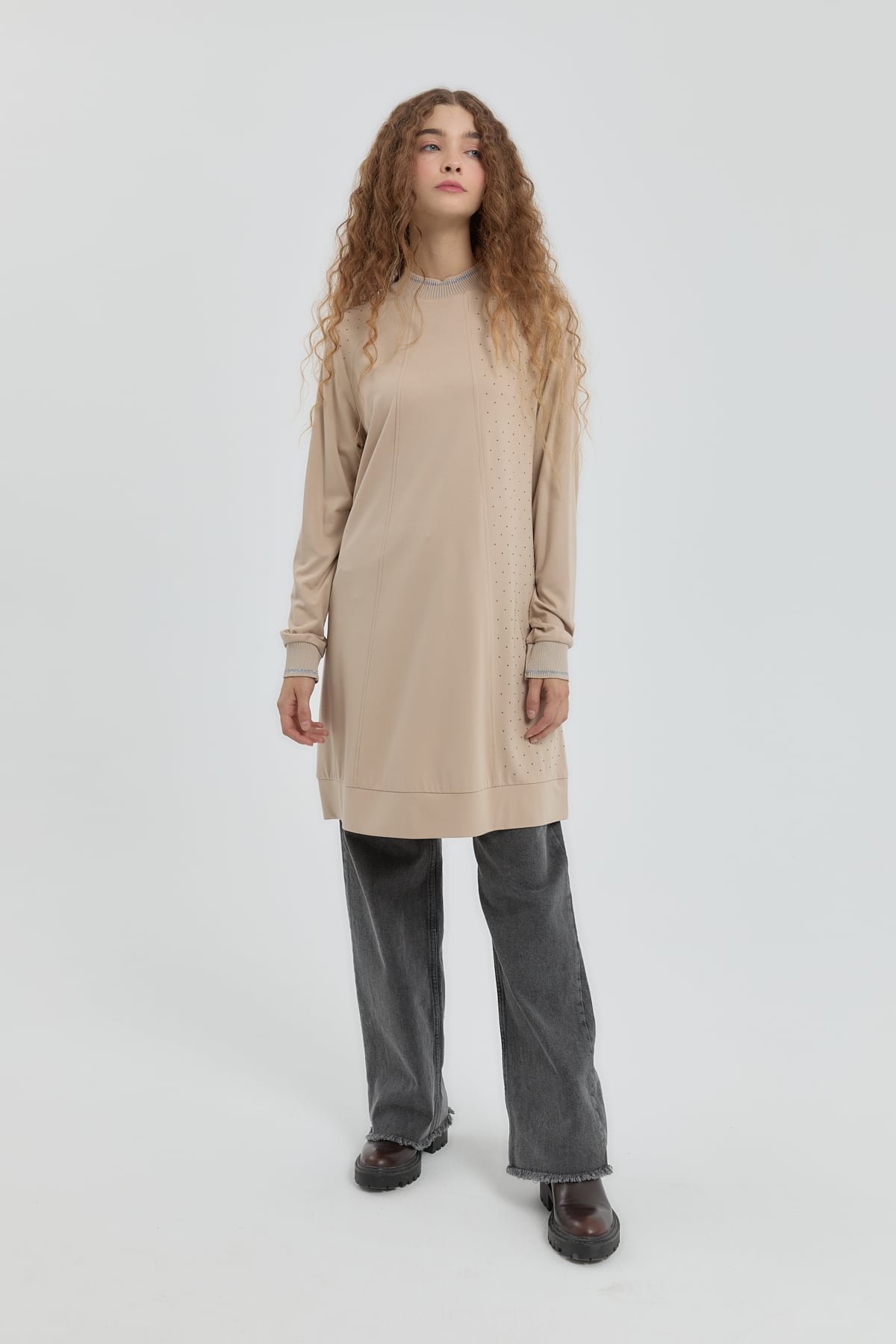 NİHAN Tunic Nihan Taş Detaylı Örme Tunik  Bej_modest