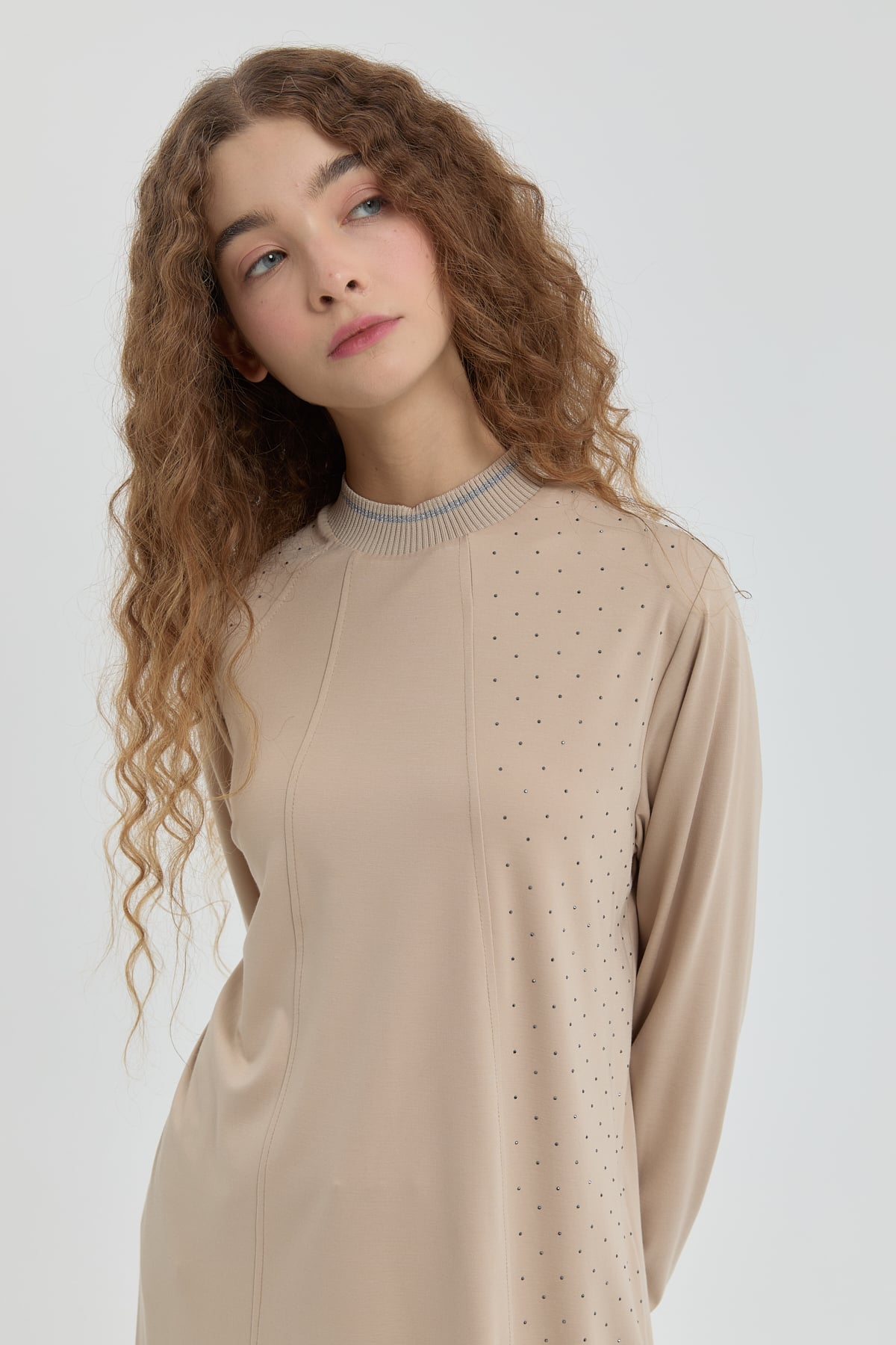 NİHAN Tunic Nihan Taş Detaylı Örme Tunik  Bej_modest