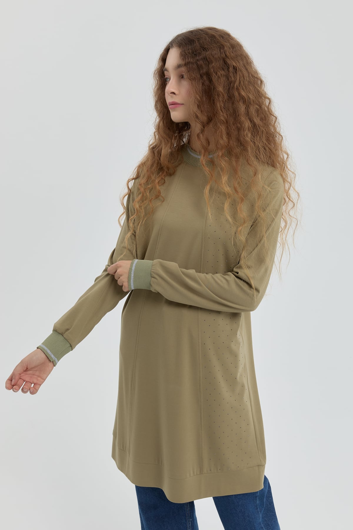 NİHAN Tunik Nihan Taş Detaylı Örme Tunik  Haki_modest