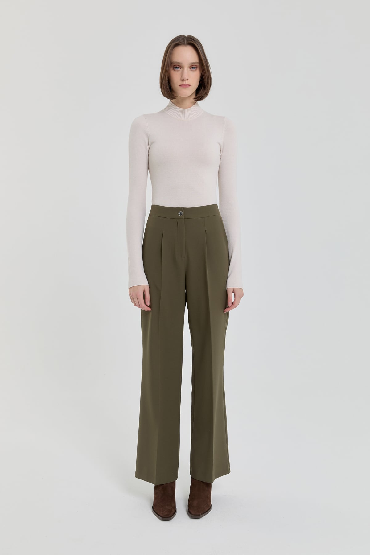 NİHAN Pants Nihan Tek Pile Yüksek Bel Palazzo Pantolon  Haki_modest