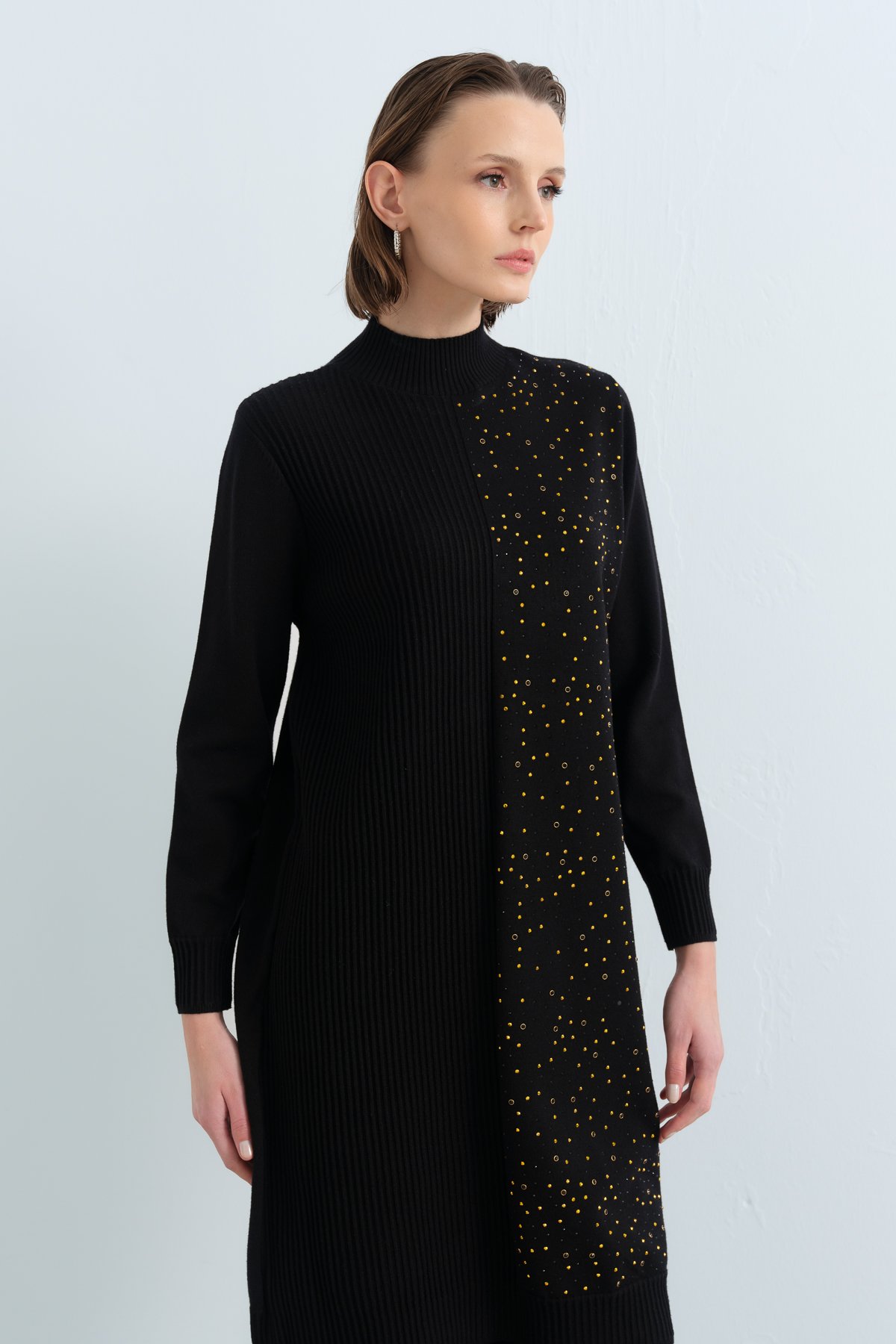 NİHAN Tunic Nihan Tek Tarafı Serpme Payetli Fitilli Triko Tunik  Siyah_modest