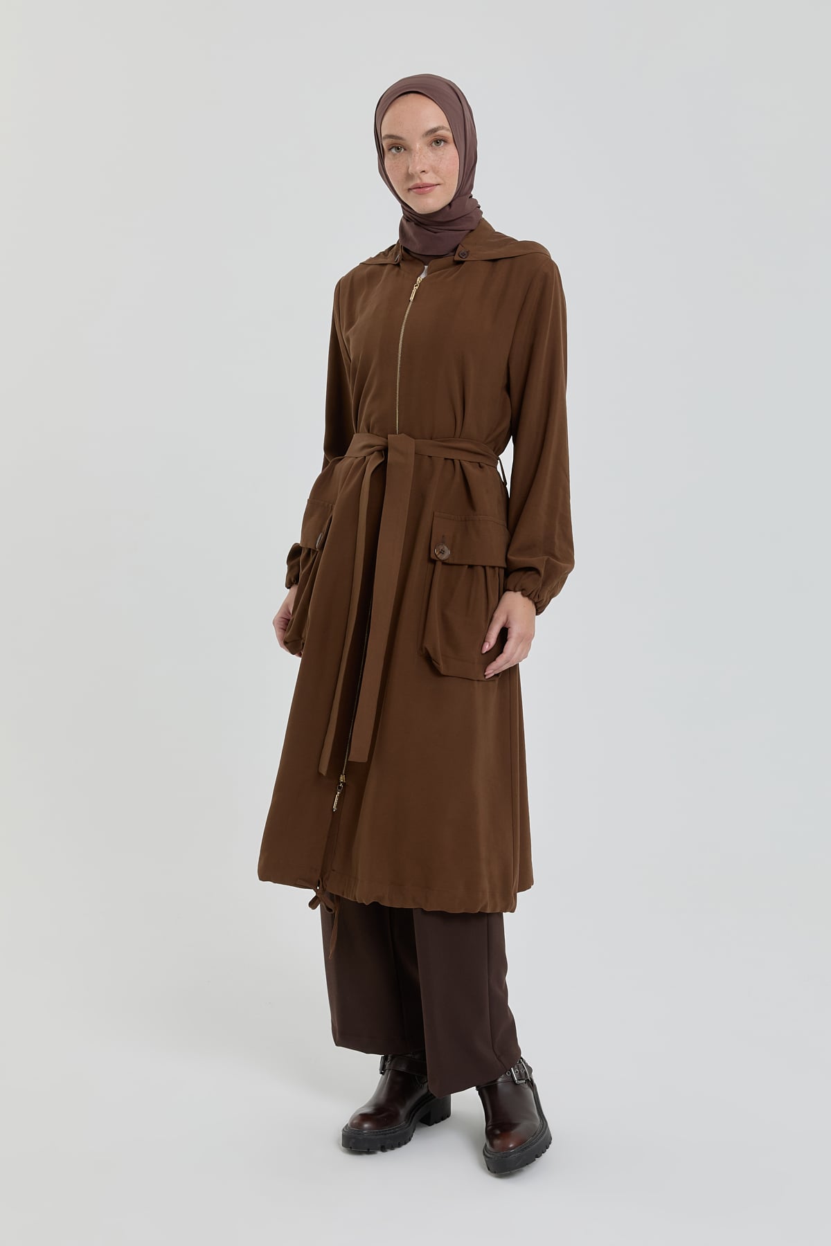 NİHAN Trench Coat Nihan Torba Cepli Modal Kap  Açık Kahve_modest