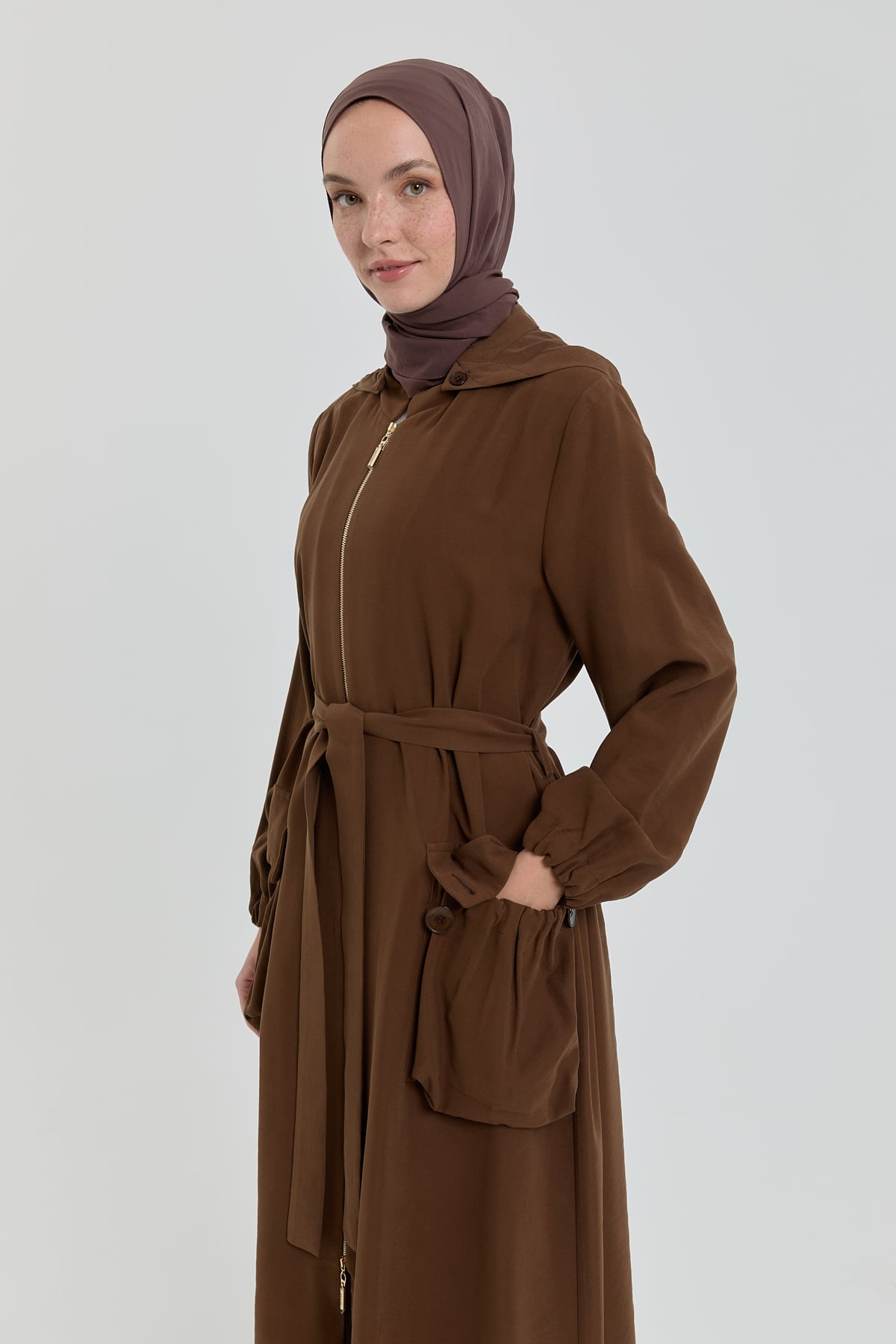 NİHAN Trench Coat Nihan Torba Cepli Modal Kap  Açık Kahve_modest