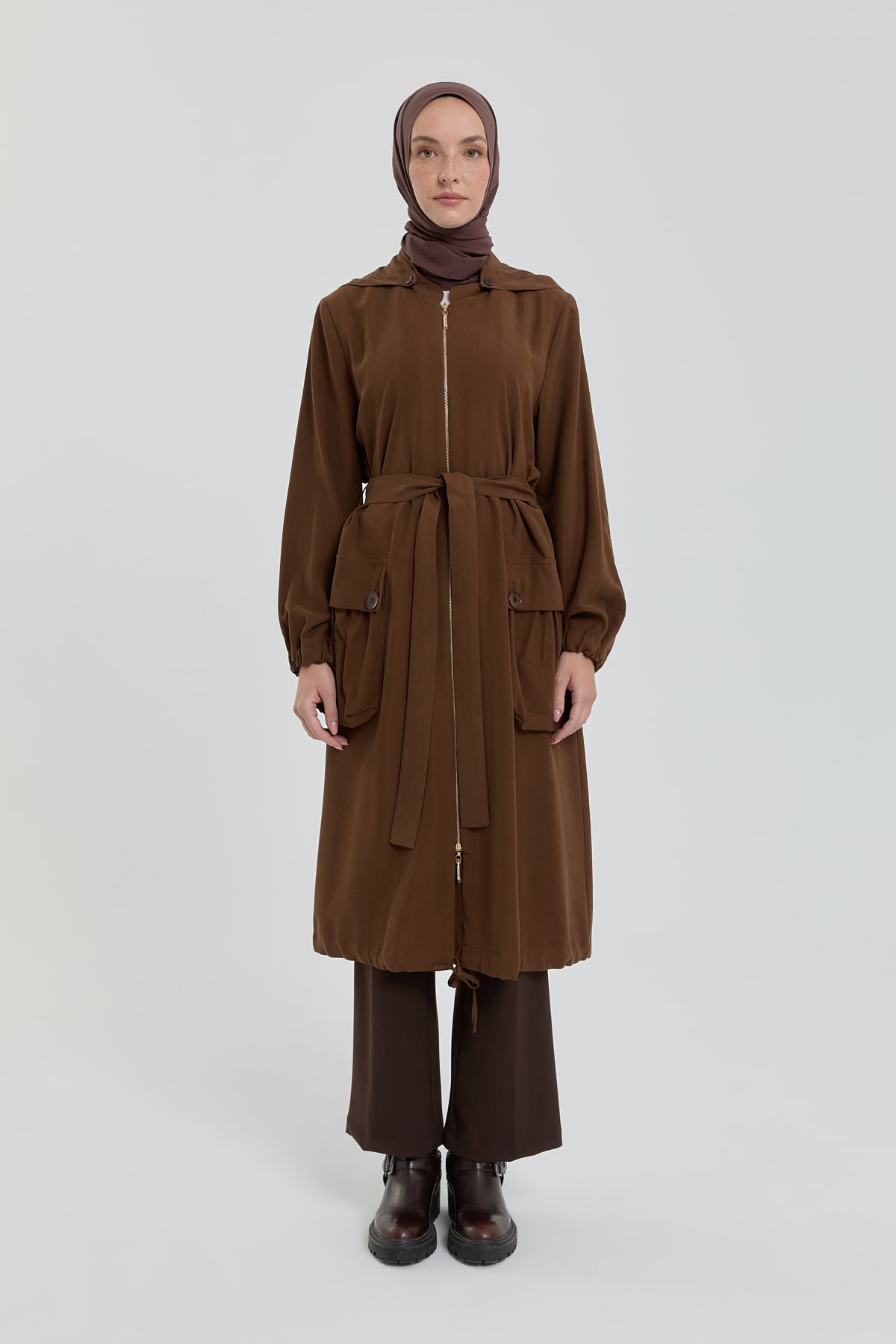 NİHAN Trench Coat Nihan Torba Cepli Modal Kap  Açık Kahve_modest