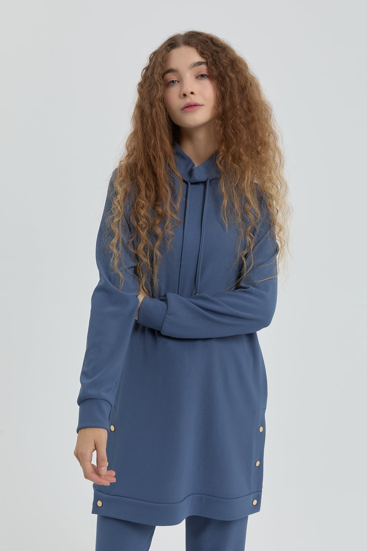 NİHAN Suits Nihan Yan Detaylı Örme Pantolon Tunik Takım  İndigo_modest