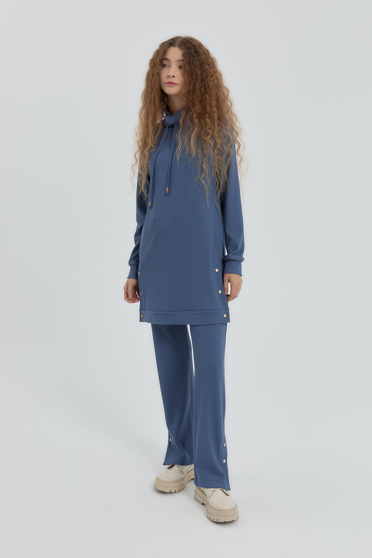 NİHAN Suits Nihan Yan Detaylı Örme Pantolon Tunik Takım  İndigo_modest