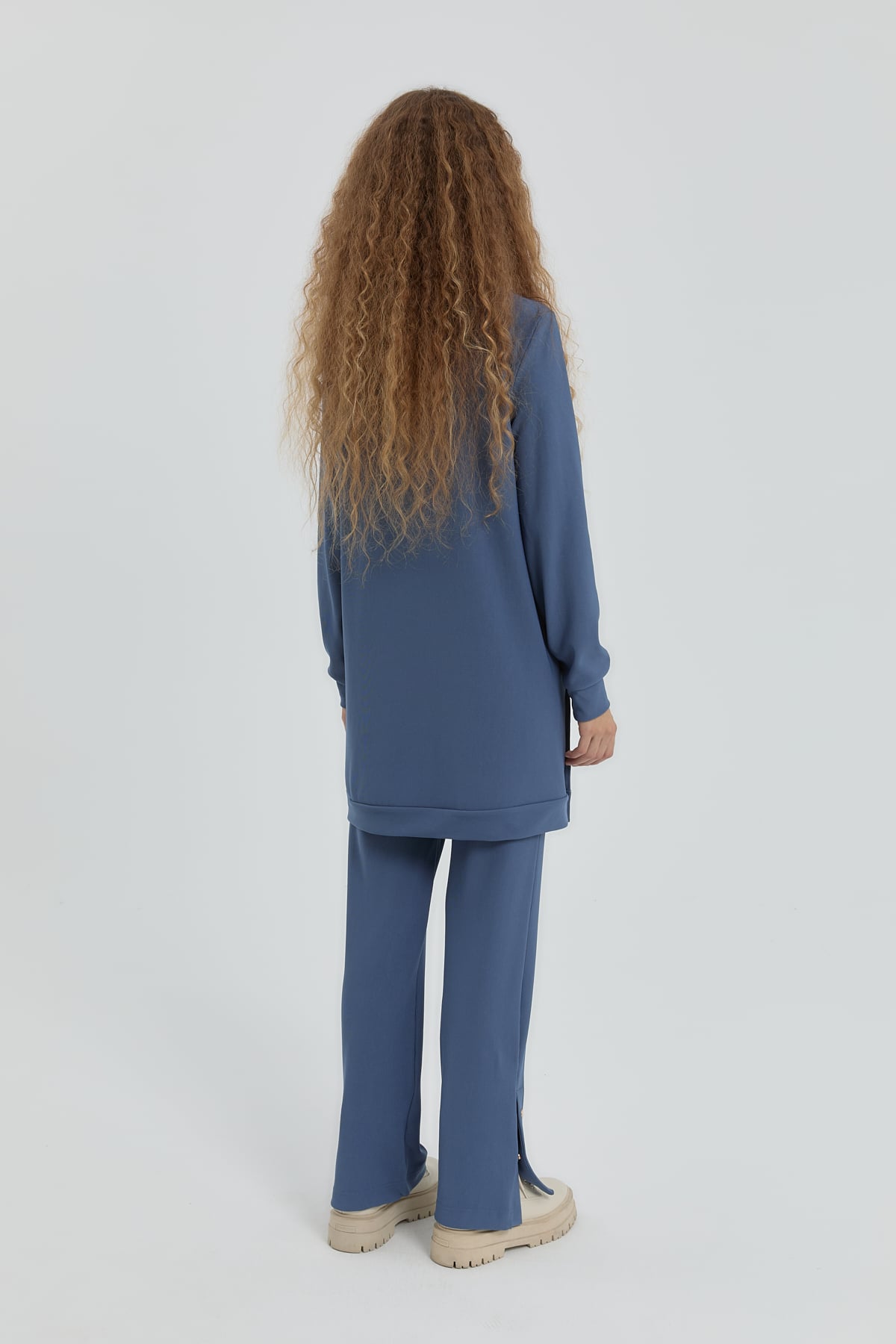 NİHAN Suits Nihan Yan Detaylı Örme Pantolon Tunik Takım  İndigo_modest