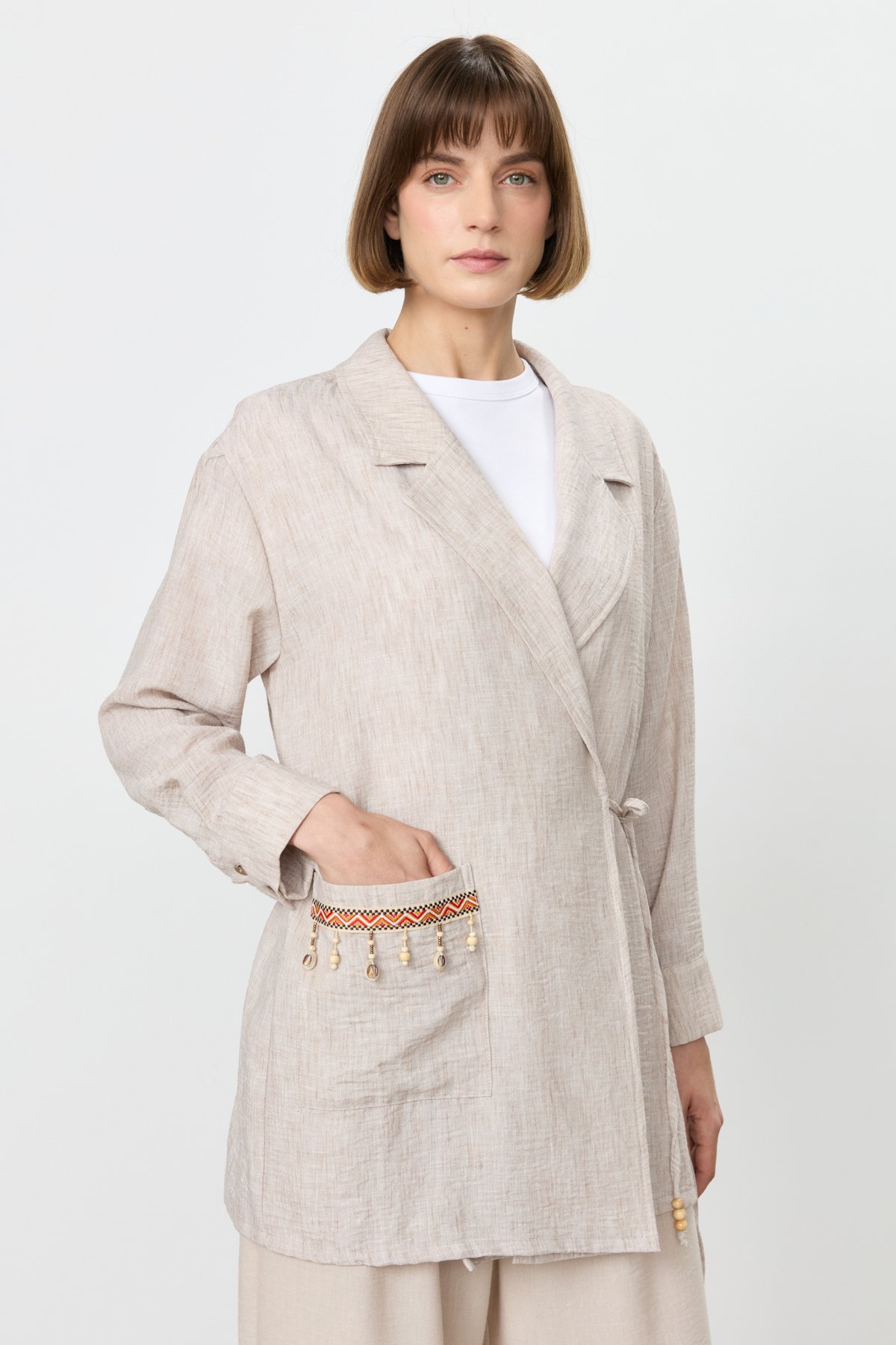 NİHAN Jacket Nihan Yandan Bağlamalı Anvelop Keten Ceket  Açık Kahve_modest