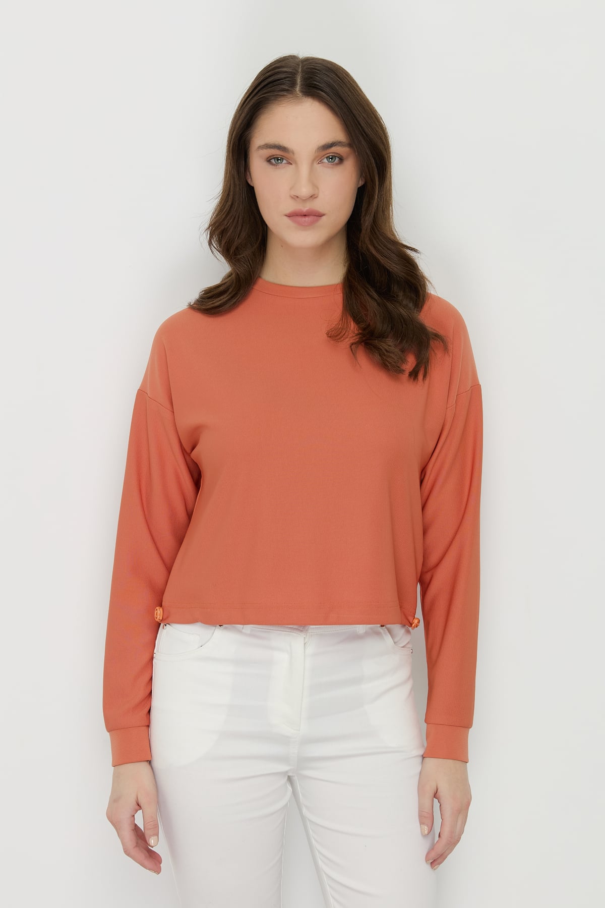 NİHAN Bluz Nihan Yanları Stoperli Basic Crop Bluz  Turuncu_modest