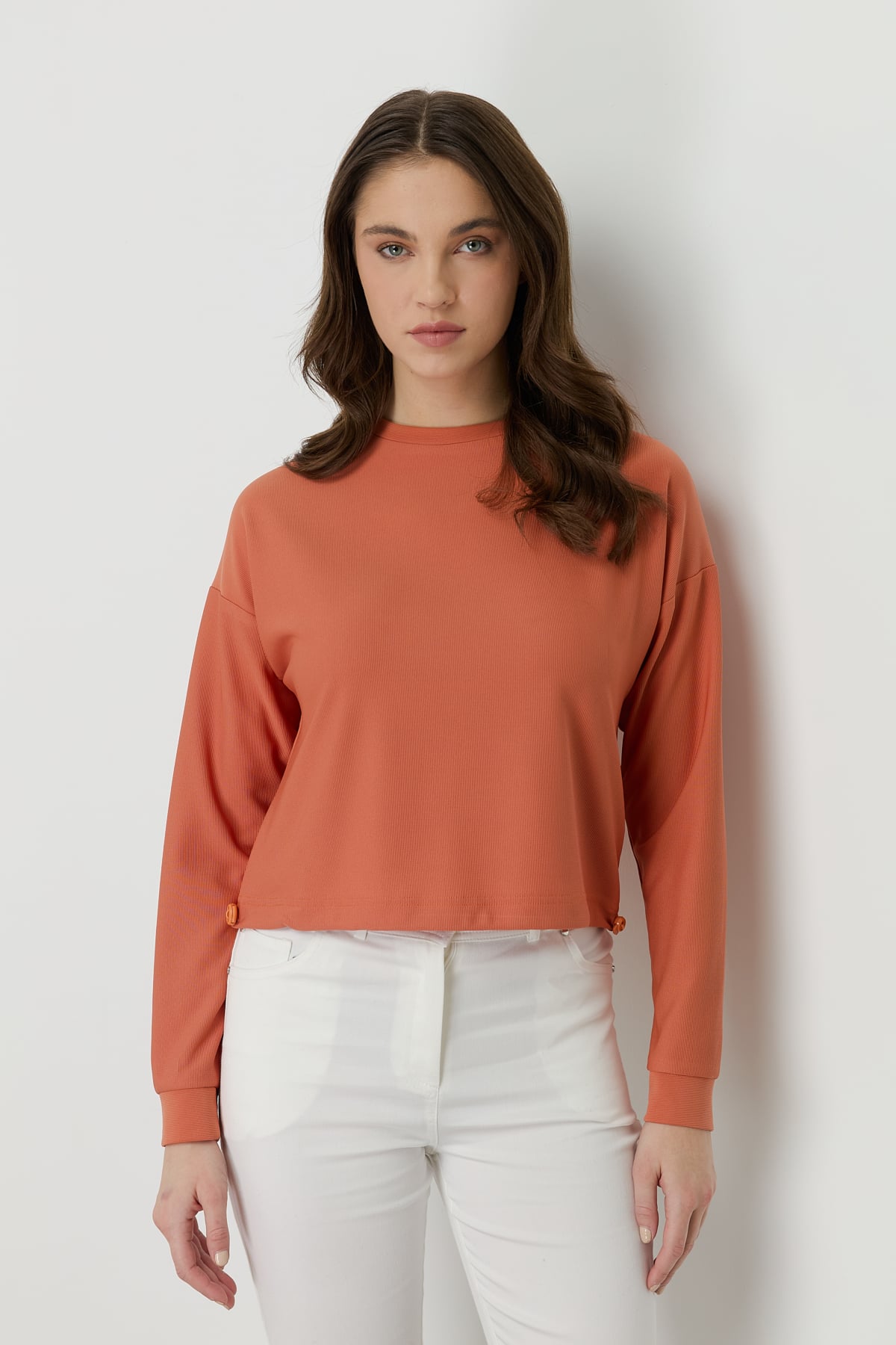 NİHAN Bluz Nihan Yanları Stoperli Basic Crop Bluz  Turuncu_modest