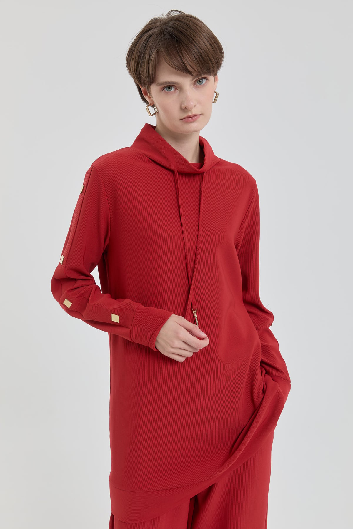 NİHAN Suits Parlak Taş Detaylı Örme Pantolon Tunik Takım  Kiremit_modest