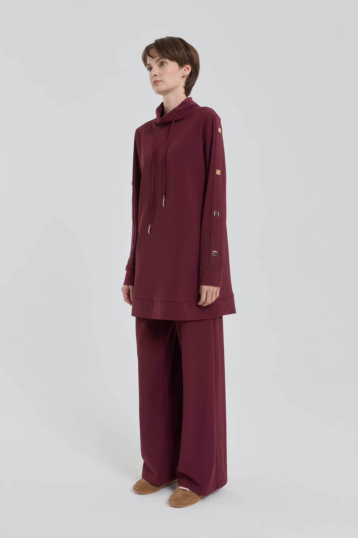 NİHAN Takım Parlak Taş Detaylı Örme Pantolon Tunik Takım  Bordo_modest